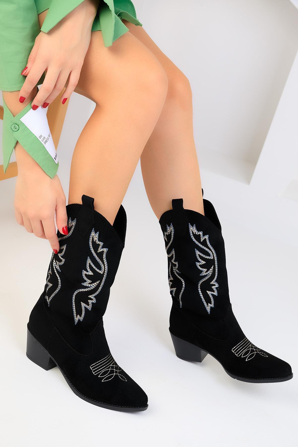 Black Embroidery Design Suede Boots, , large image number 4