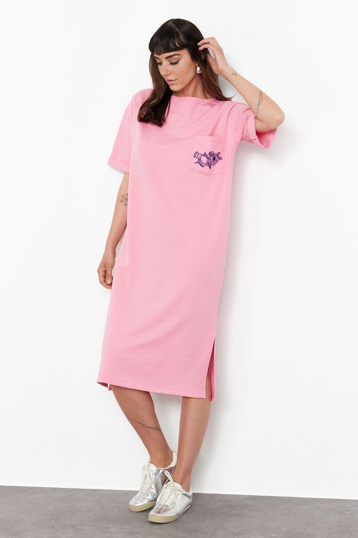 Pink Embroidered Relaxed Crew Neck Midi Dress, , large image number 0