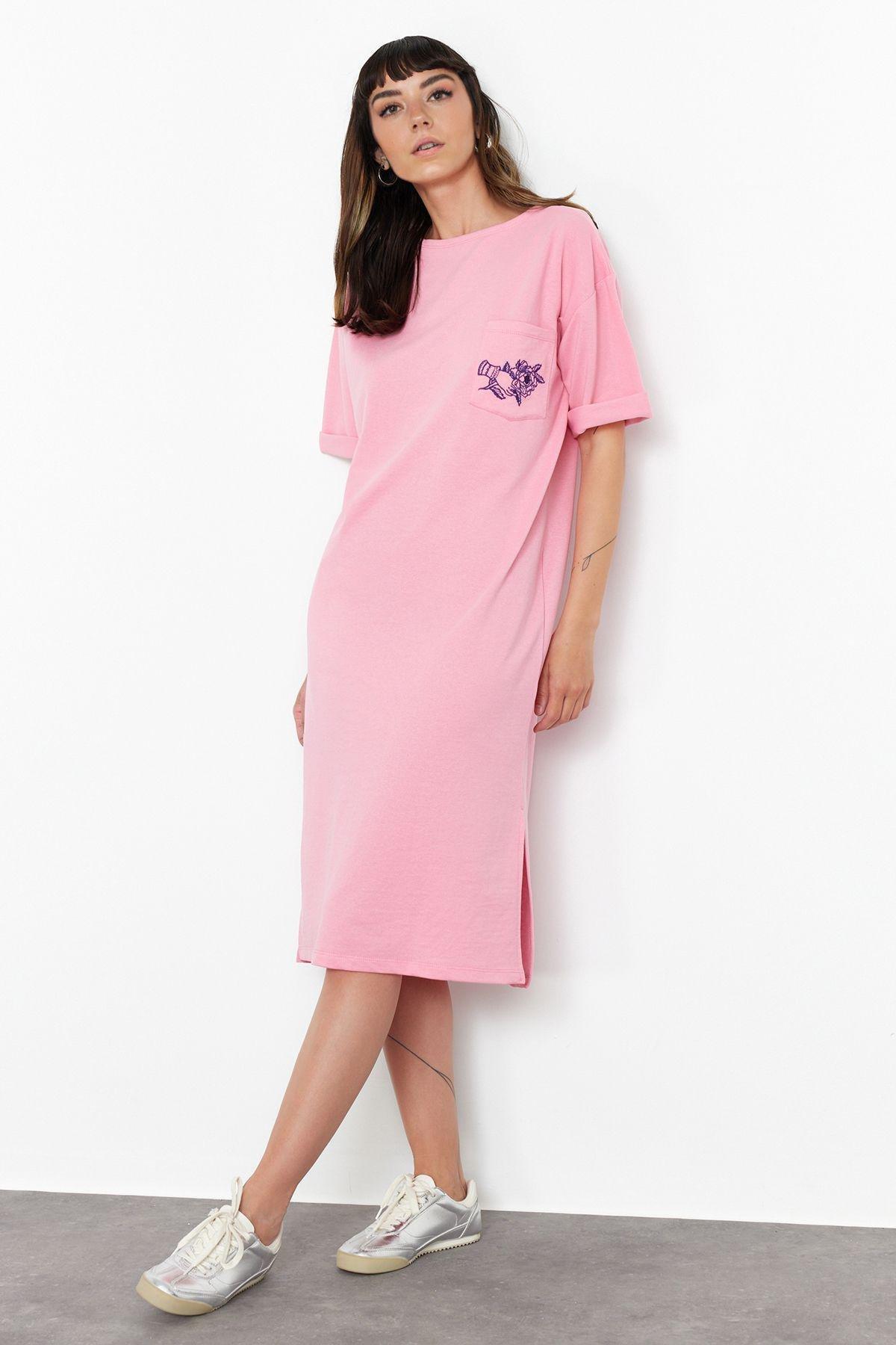 Pink Embroidered Relaxed Crew Neck Midi Dress, , large image number 1