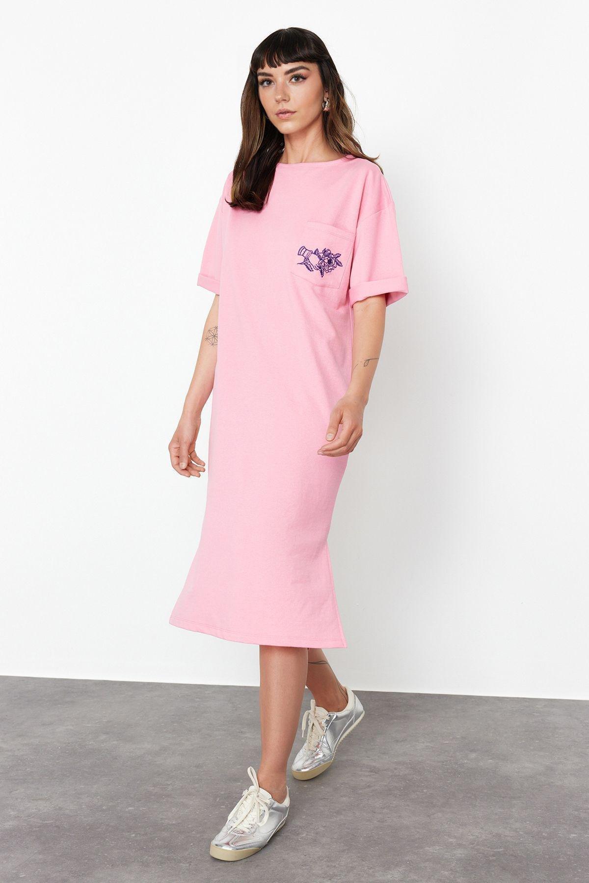 Pink Embroidered Relaxed Crew Neck Midi Dress, , large image number 2