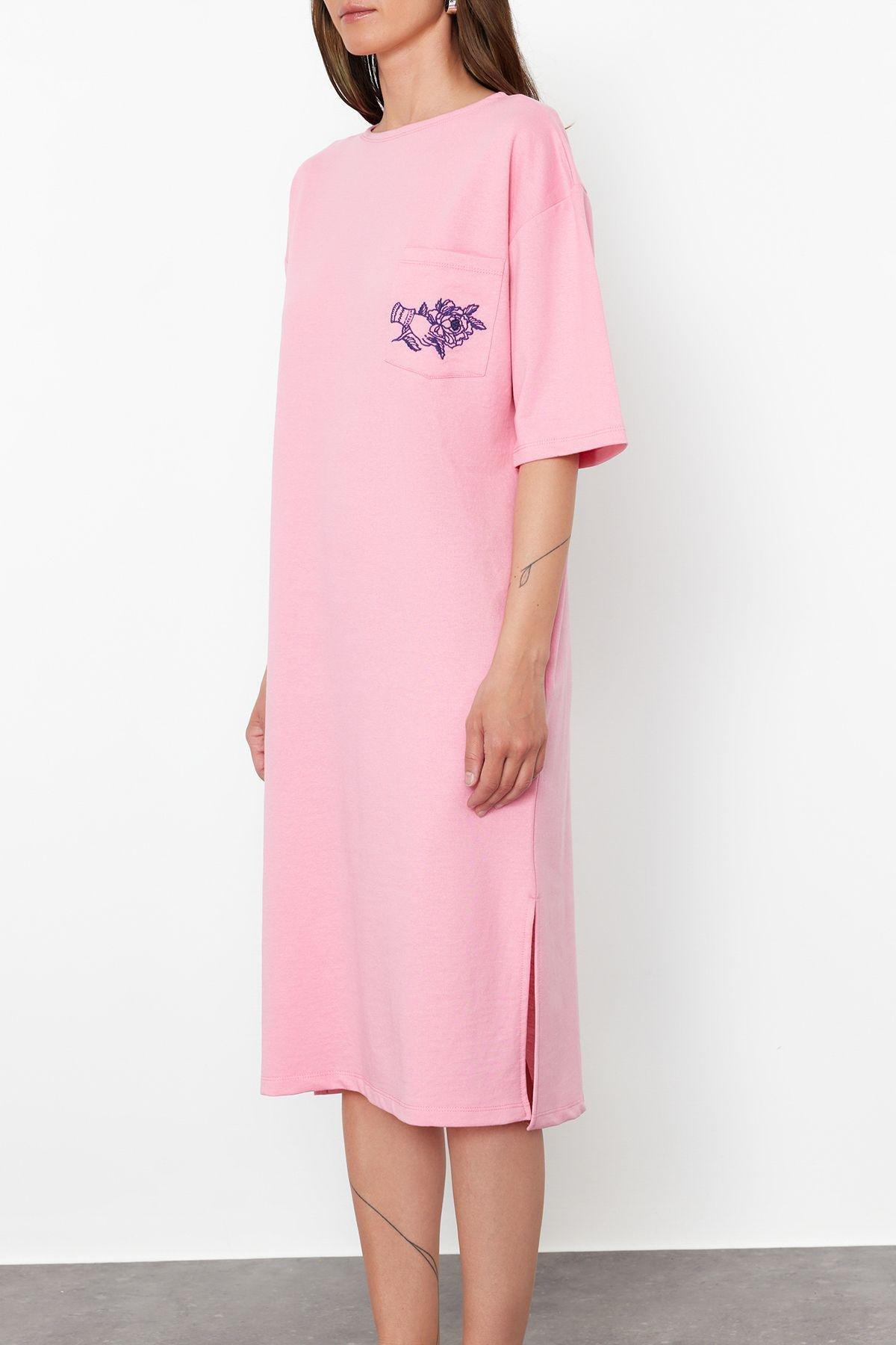 Pink Embroidered Relaxed Crew Neck Midi Dress, , large image number 4