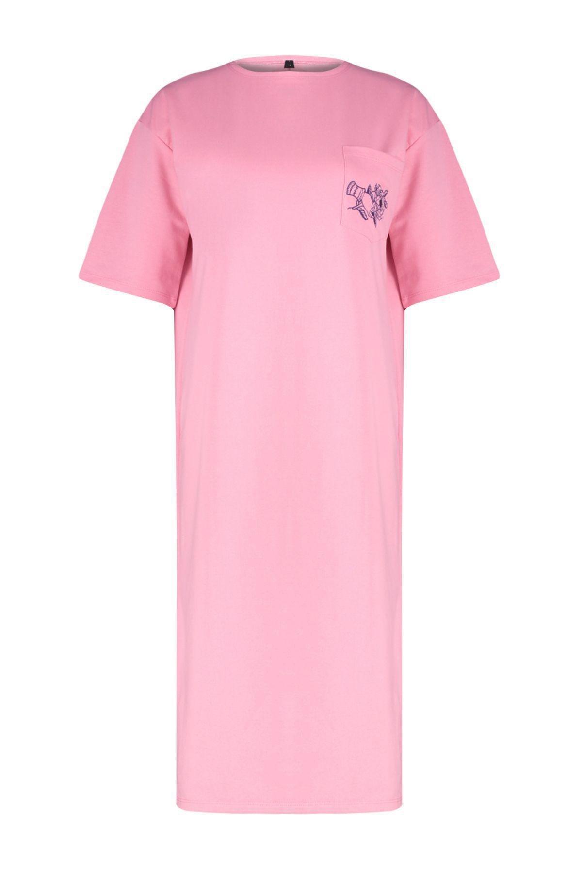 Pink Embroidered Relaxed Crew Neck Midi Dress, , large image number 5