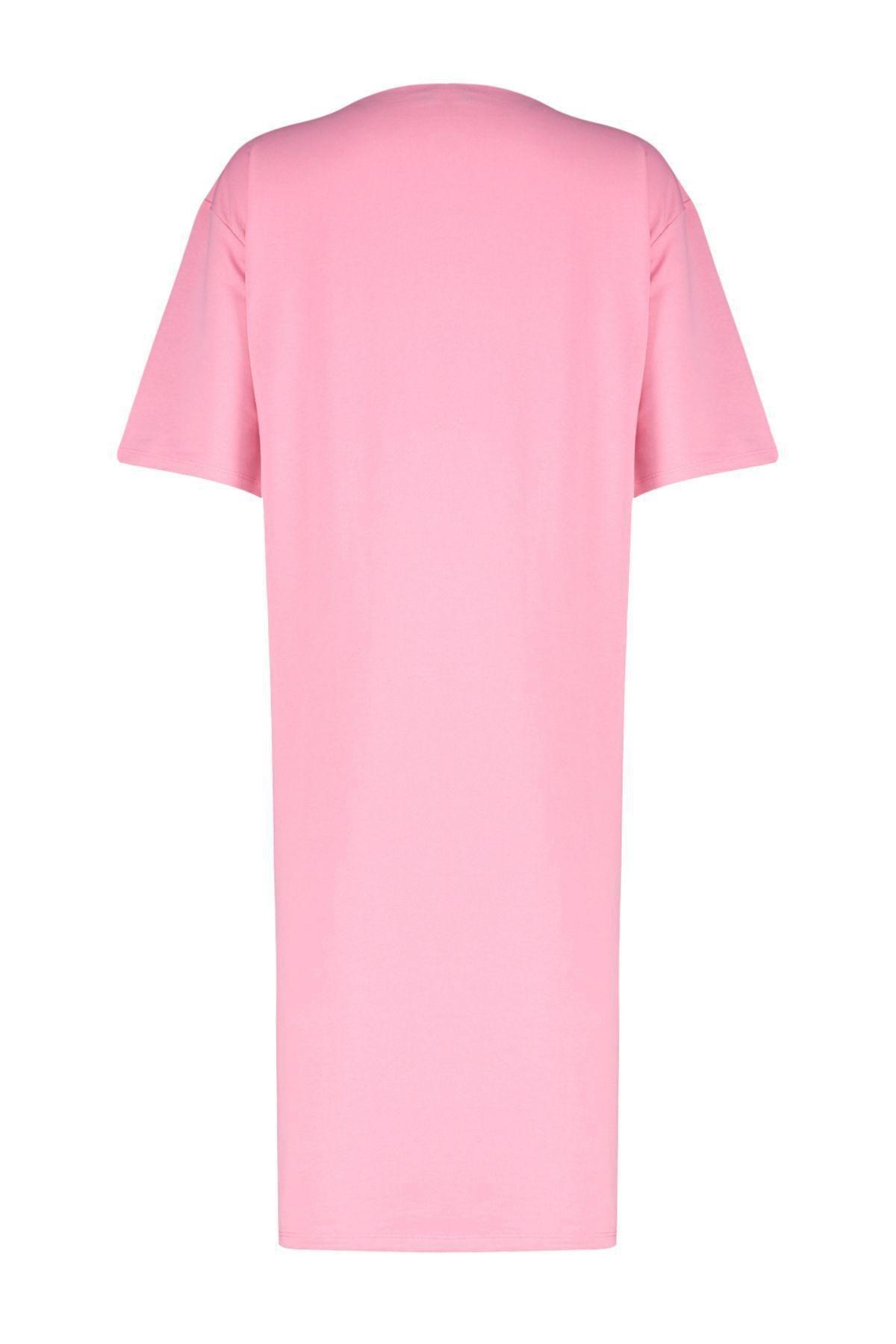 Pink Embroidered Relaxed Crew Neck Midi Dress, , large image number 6