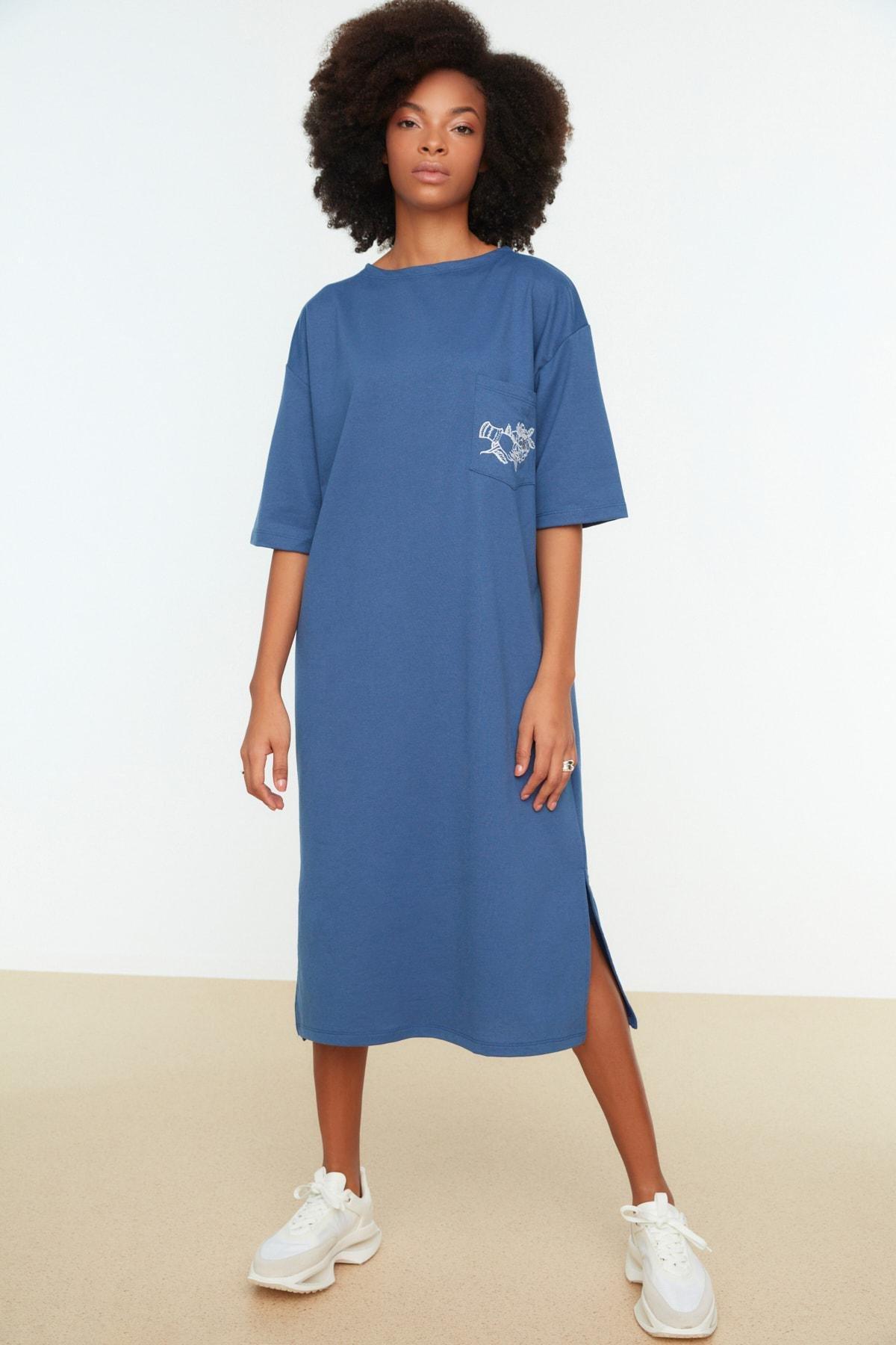 Blue Printed Shift Dress, , medium