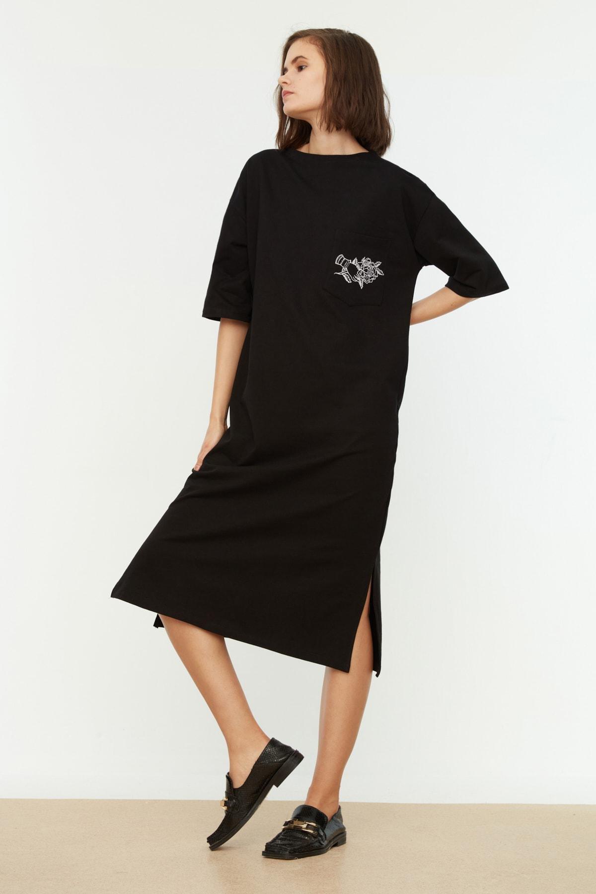 Black Floral Crew Neck Shift Dress, , large image number 1