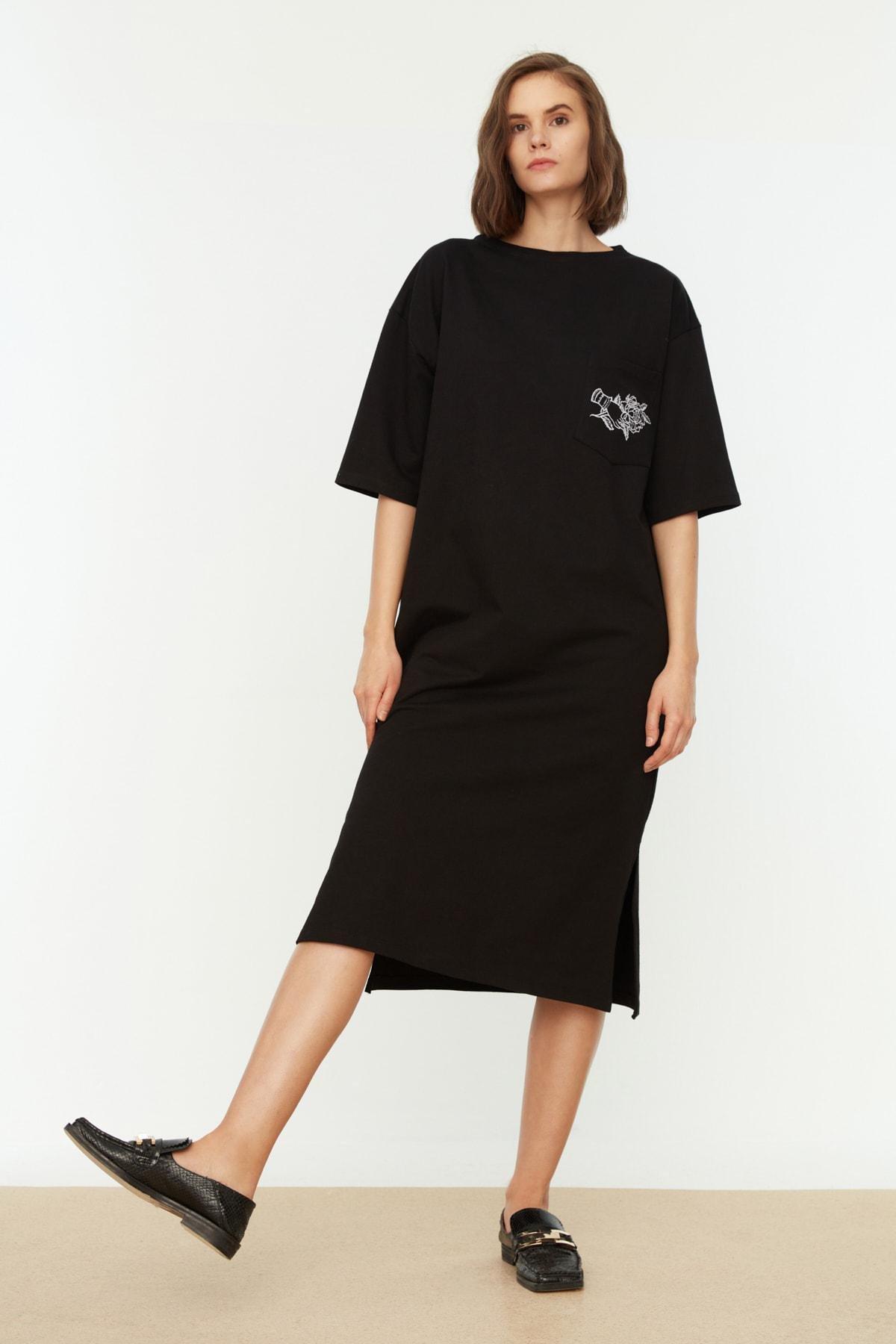 Black Floral Crew Neck Shift Dress, , large image number 3
