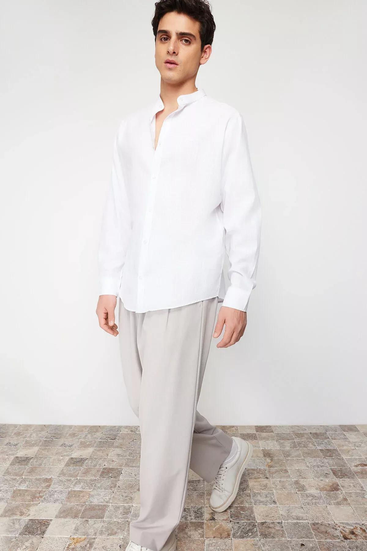 White Large Collar Embroidery Detail Shirt, White, medium