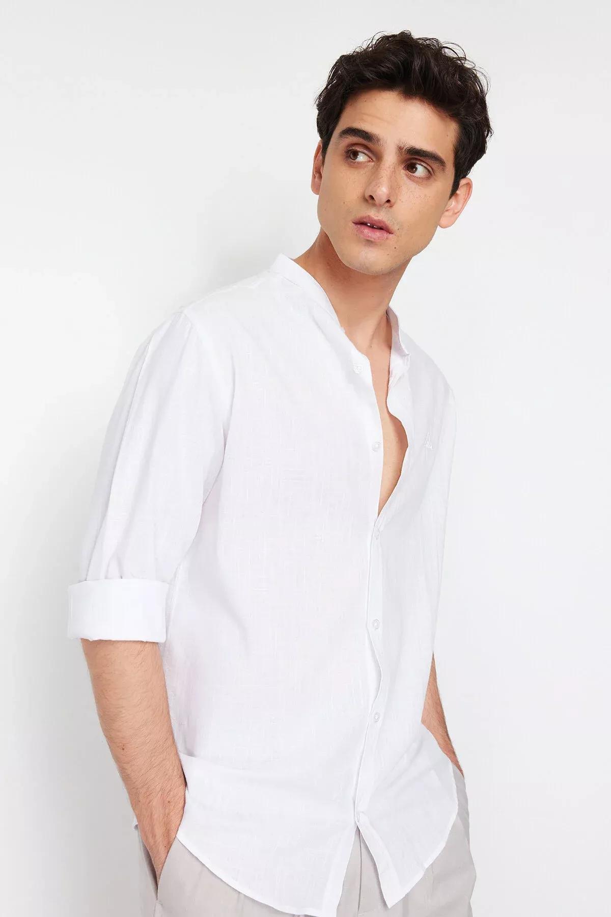 White Large Collar Embroidery Detail Shirt, White, large image number 3