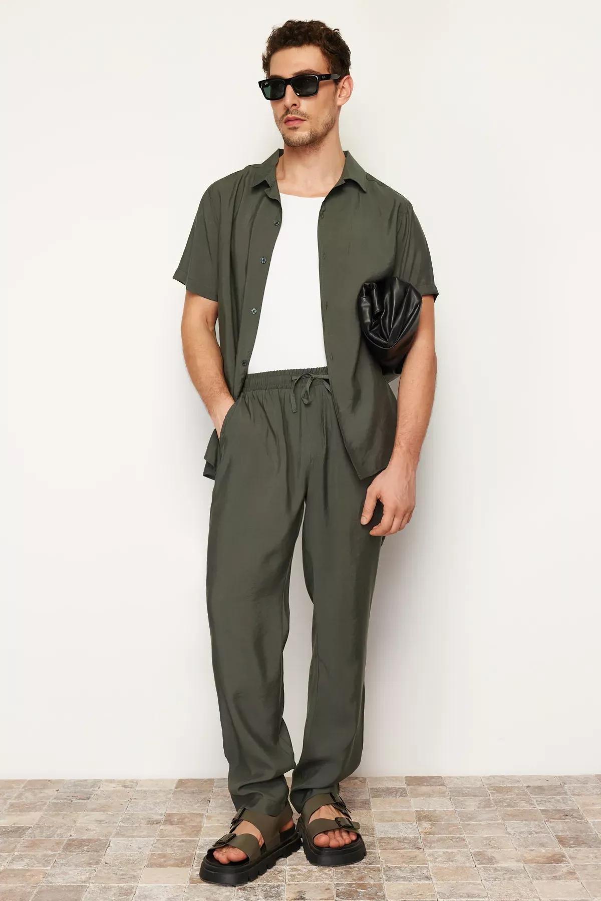Khaki Modal Blended Trousers, , large image number 0