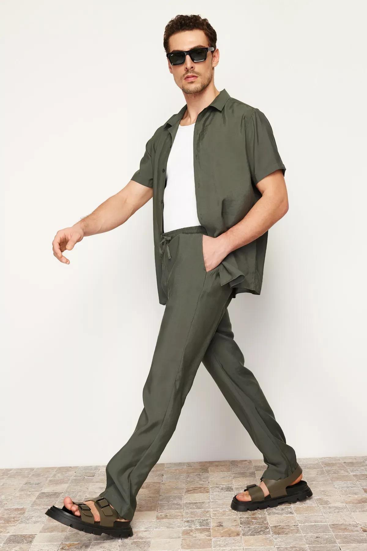 Khaki Modal Blended Trousers, , large image number 1