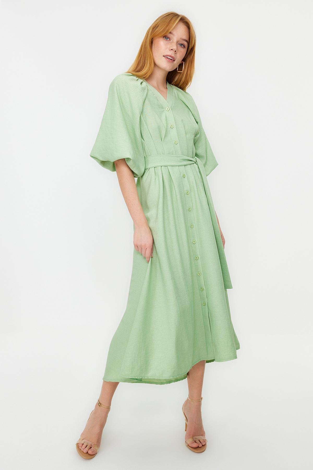 Green Belted Half Balloon Sleeve Shirt Dress, , large image number 0