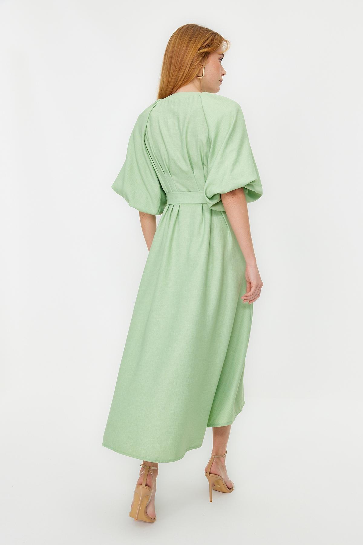 Green Belted Half Balloon Sleeve Shirt Dress, , large image number 1