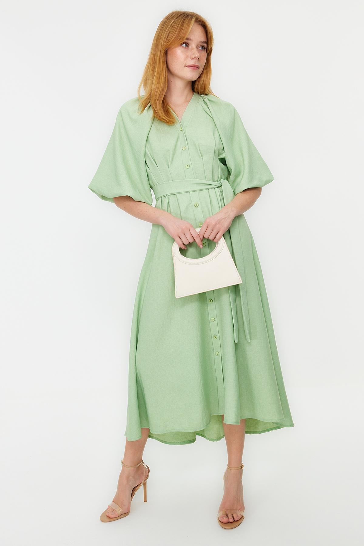 Green Belted Half Balloon Sleeve Shirt Dress, , large image number 2