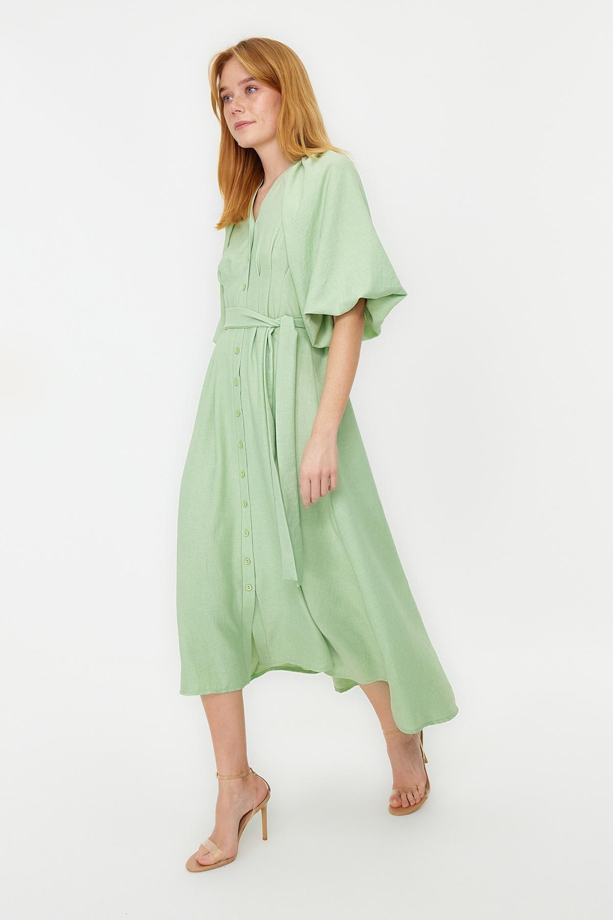 Green Belted Half Balloon Sleeve Shirt Dress, , large image number 3