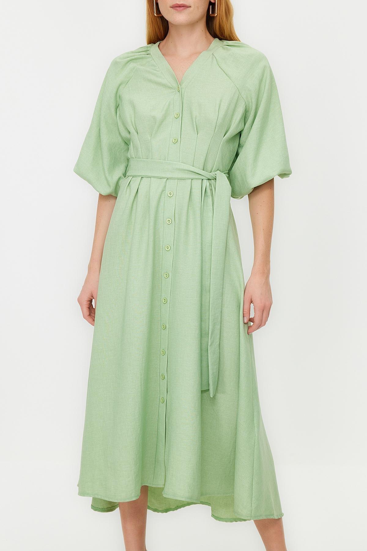 Green Belted Half Balloon Sleeve Shirt Dress, , large image number 4