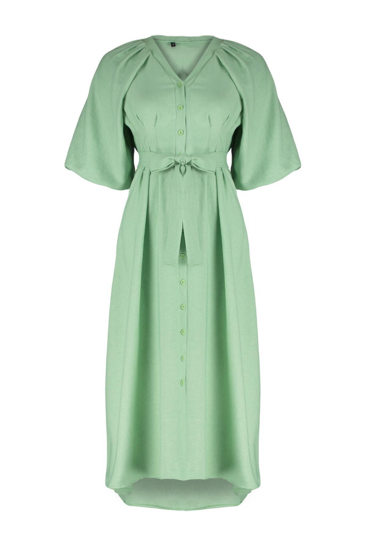 Green Belted Half Balloon Sleeve Shirt Dress, , large image number 5