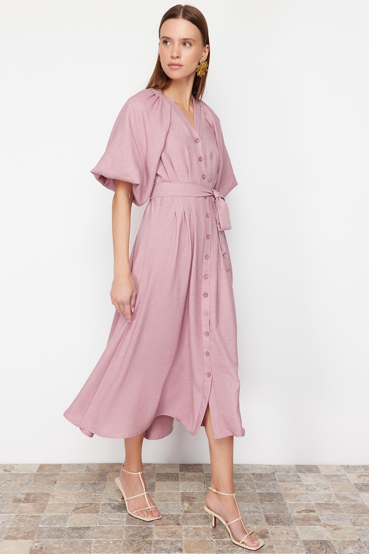 Pink Belted Linen Shirt Dress, , large image number 0