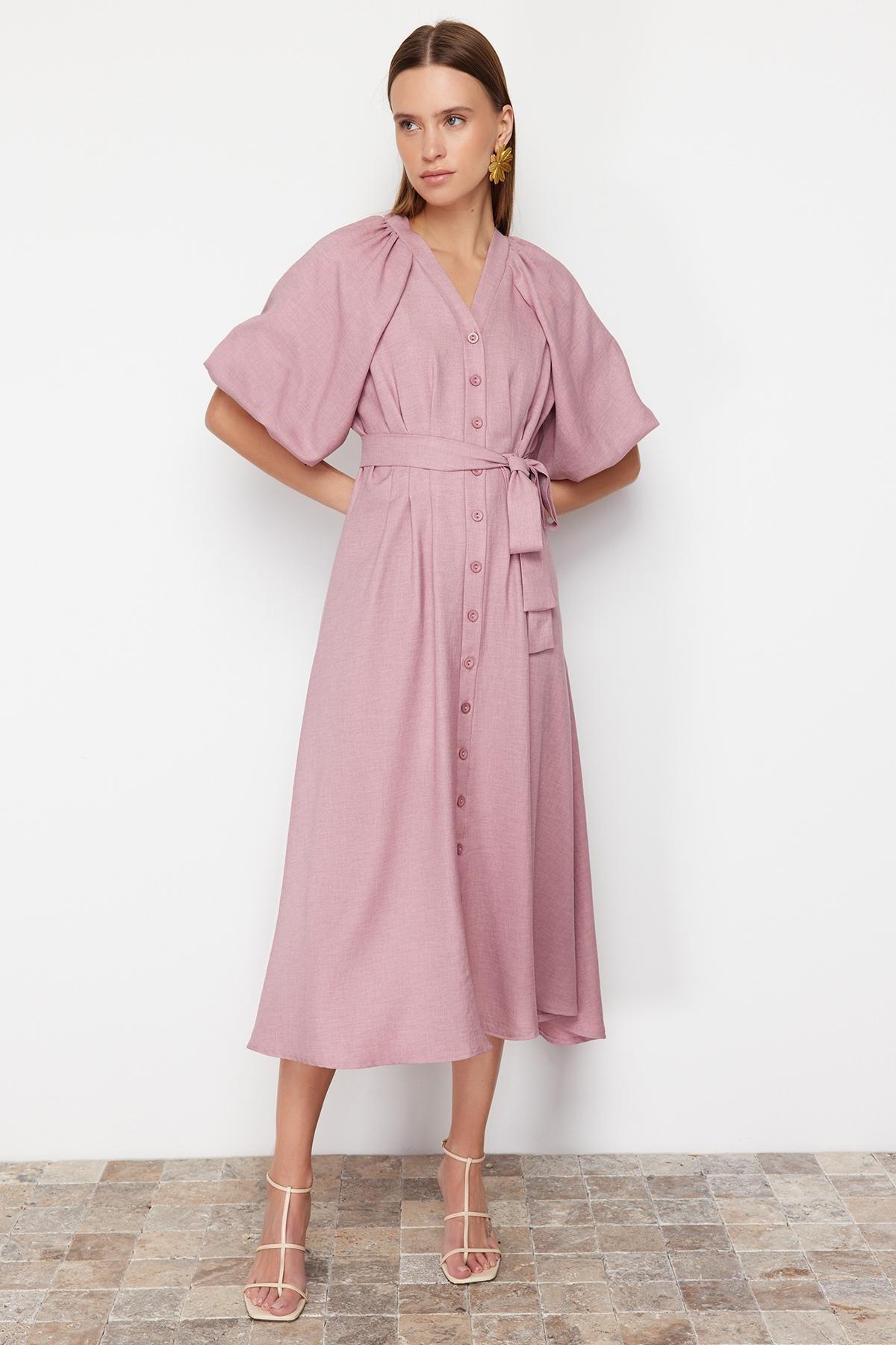 Pink Belted Linen Shirt Dress, , large image number 1