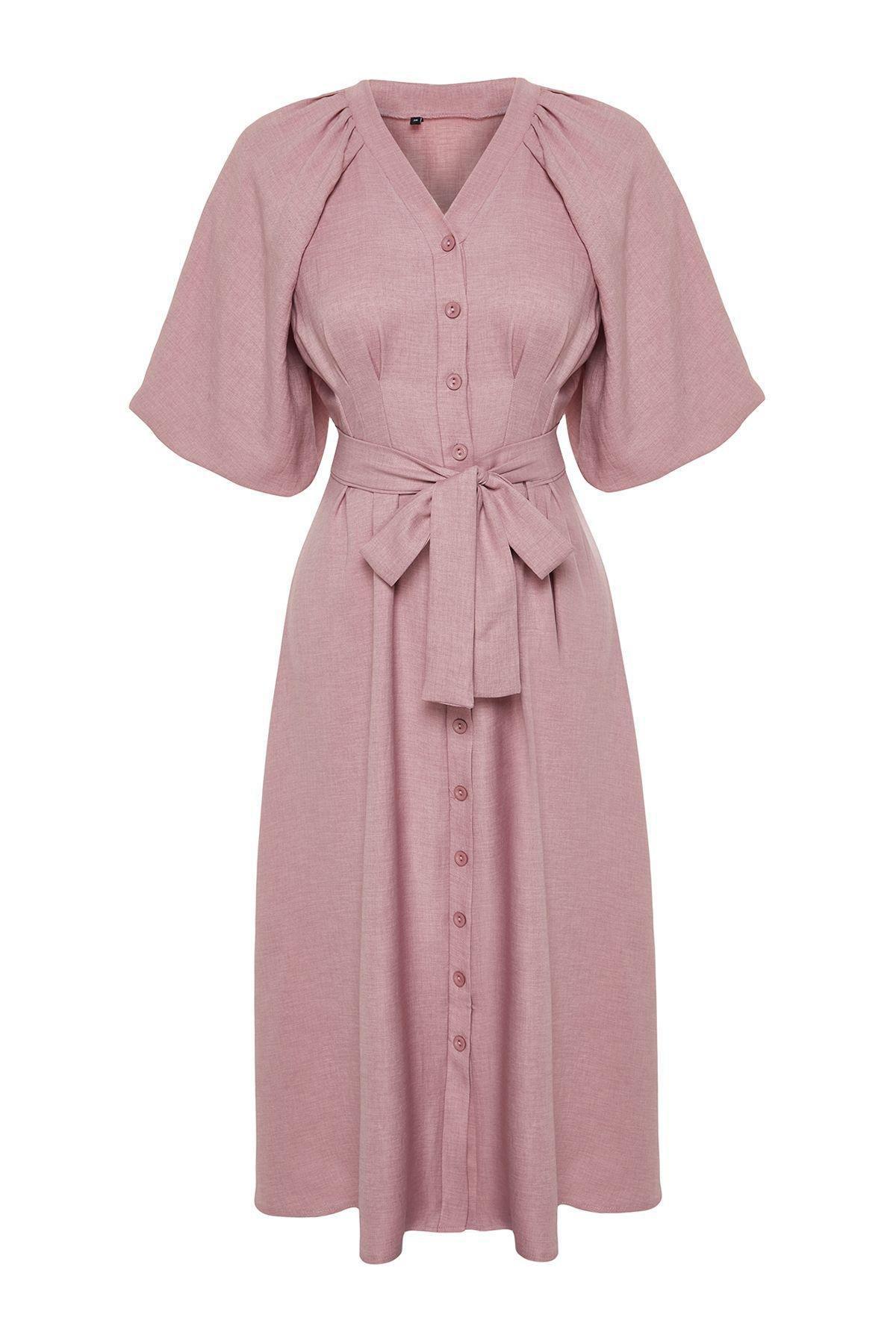 Pink Belted Linen Shirt Dress, , large image number 2