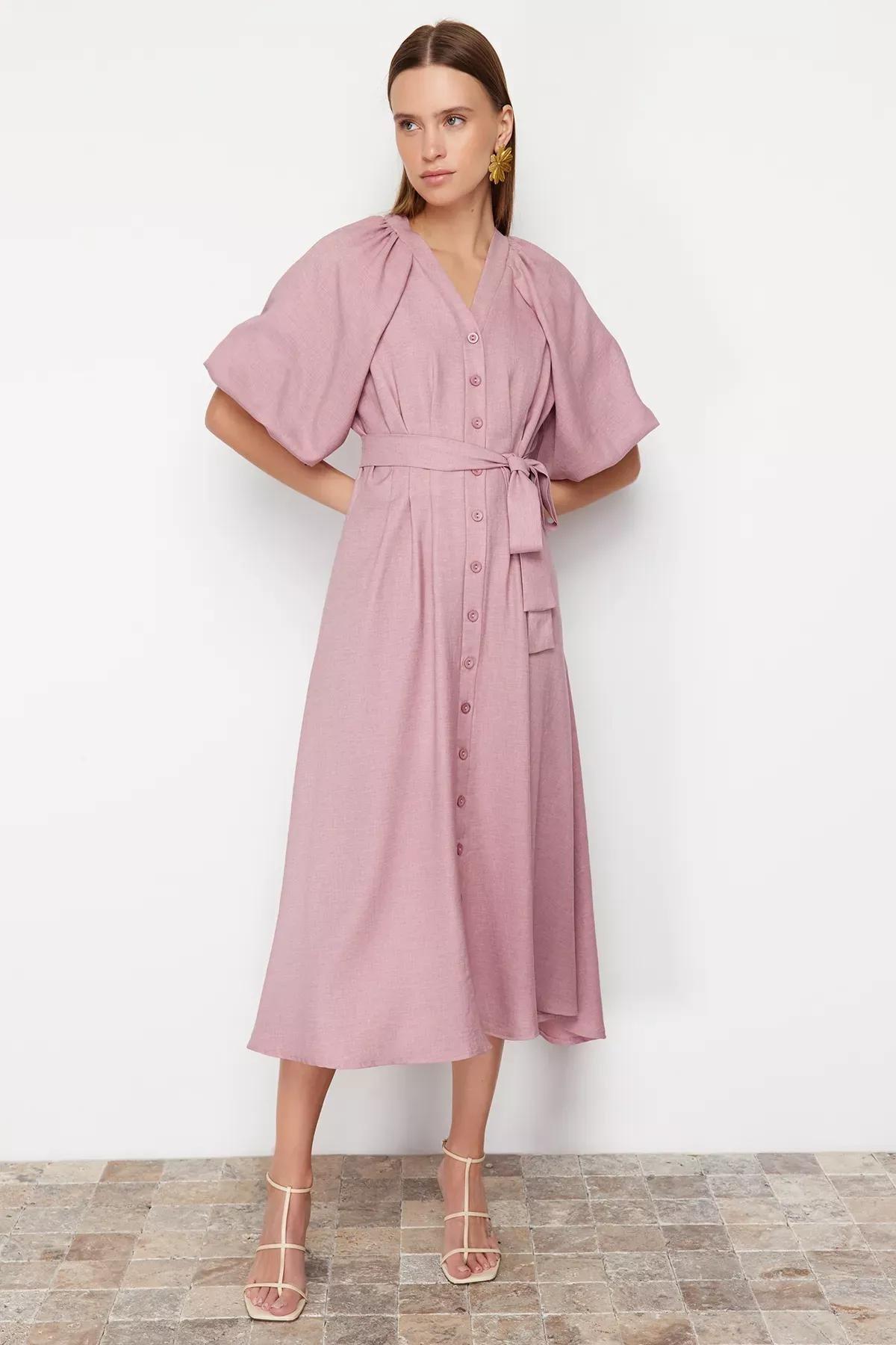 Pink Belted Linen Shirt Dress, Pink, large image number 3