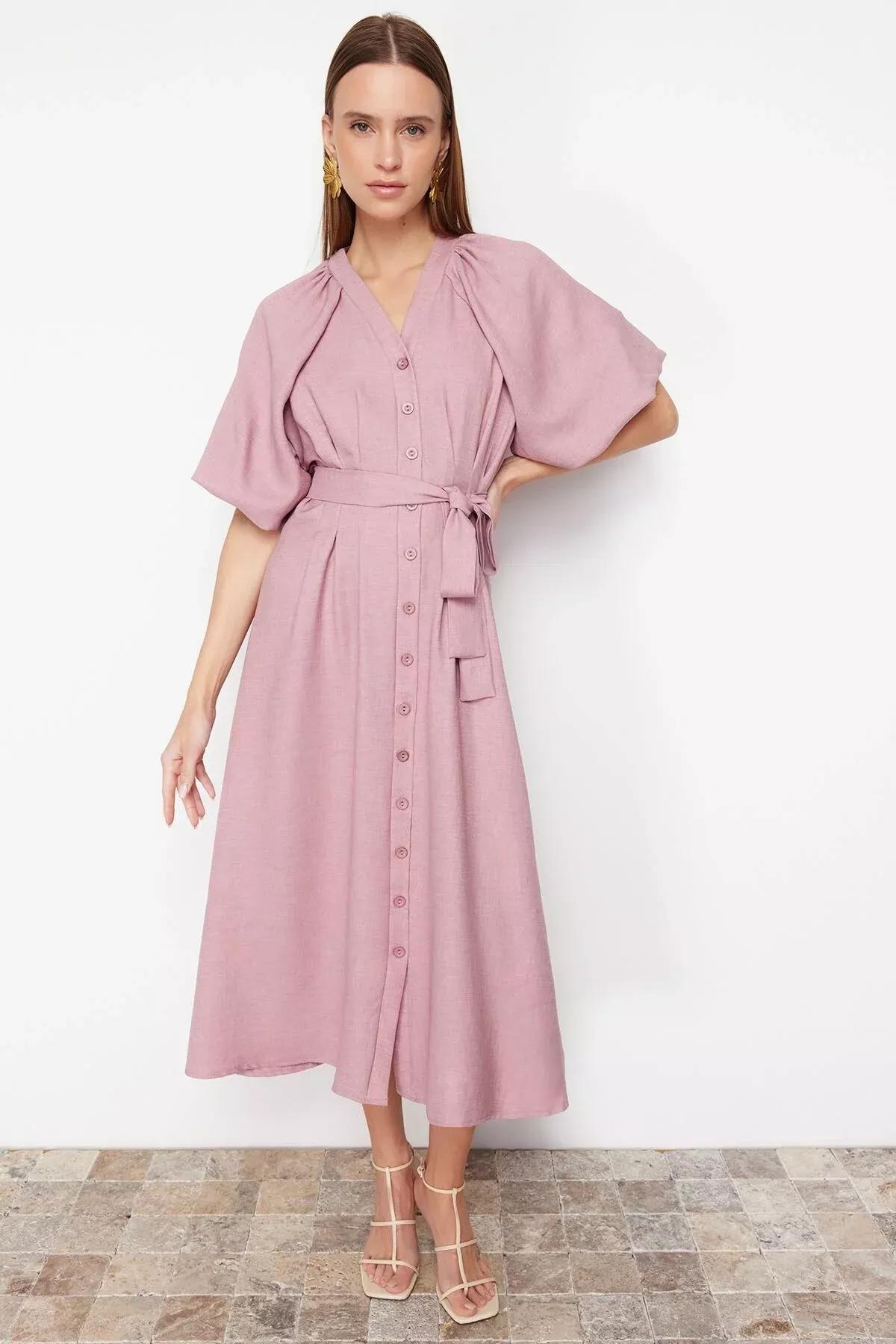 Pink Belted Linen Shirt Dress, Pink, large image number 4