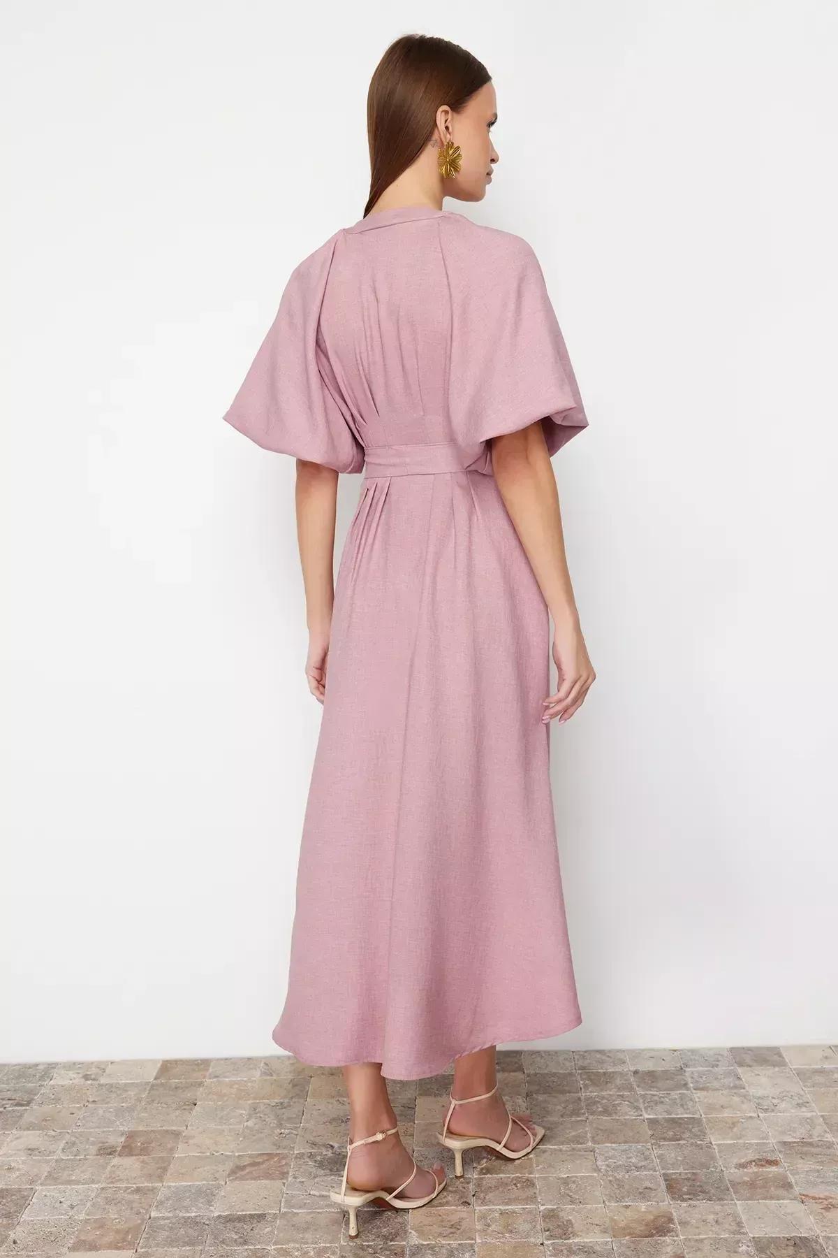 Pink Belted Linen Shirt Dress, Pink, large image number 5