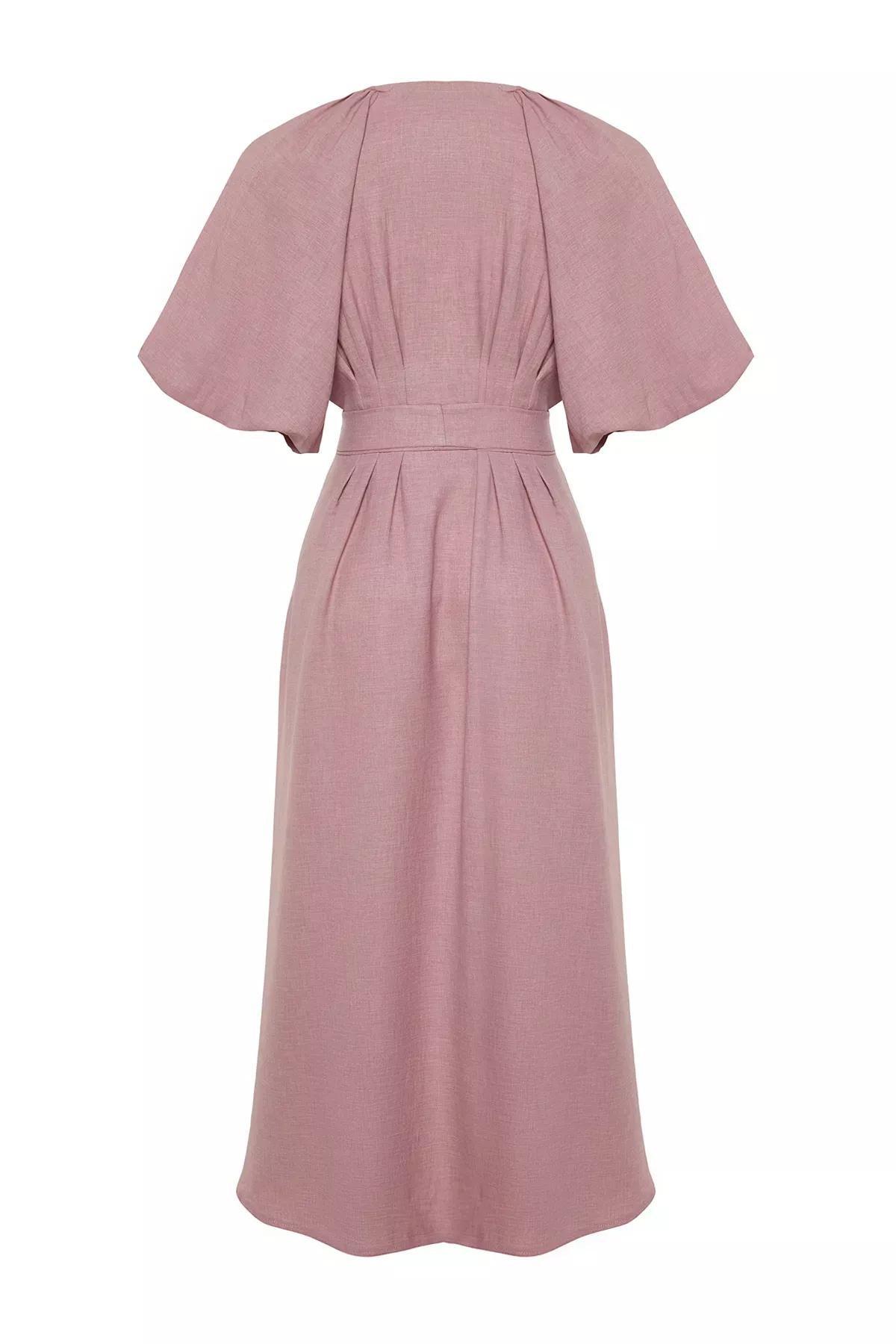 Pink Belted Linen Shirt Dress, Pink, large image number 7