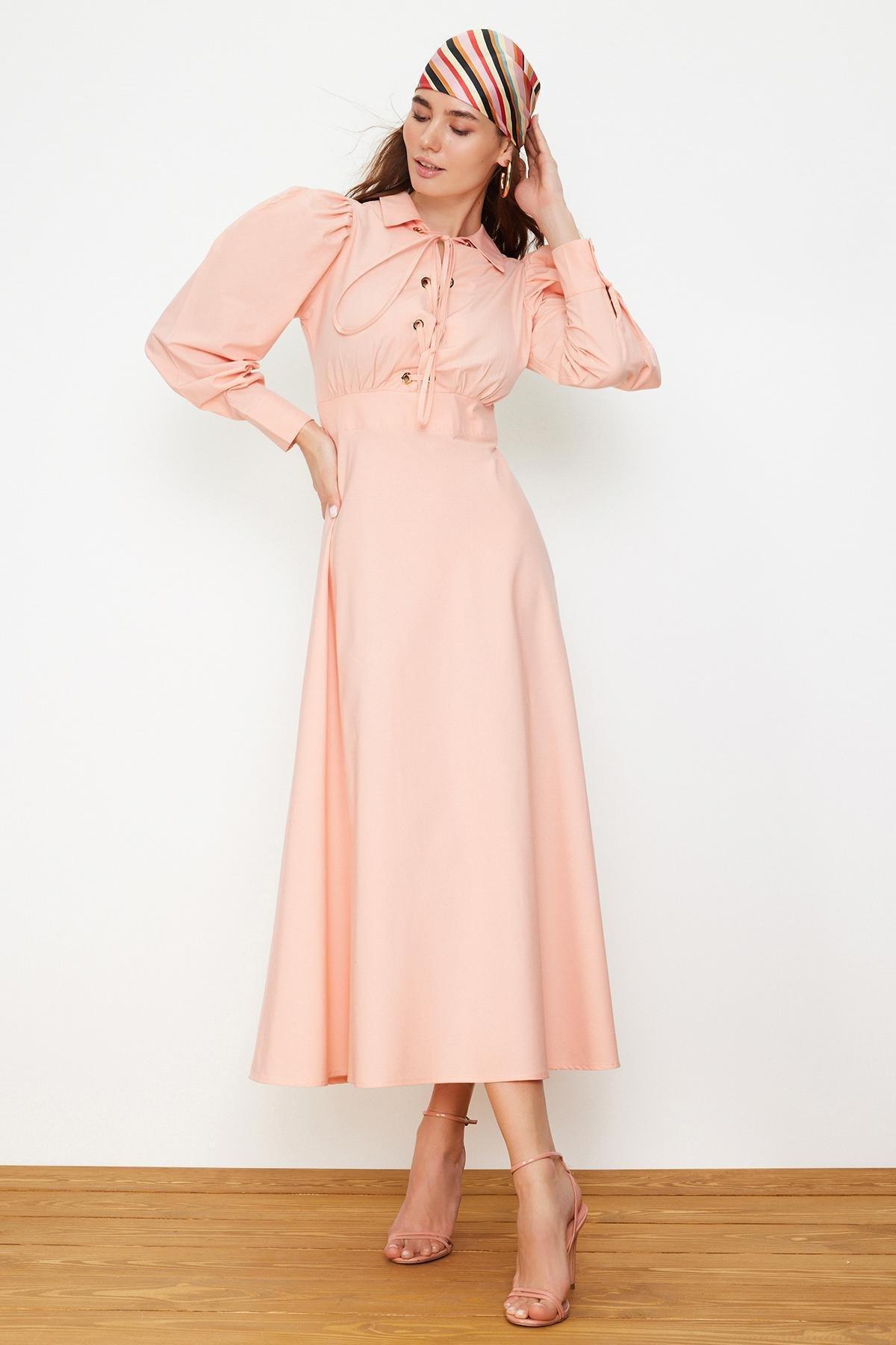 Pink Eyelet Detailed Cotton Woven Dress, , large image number 0