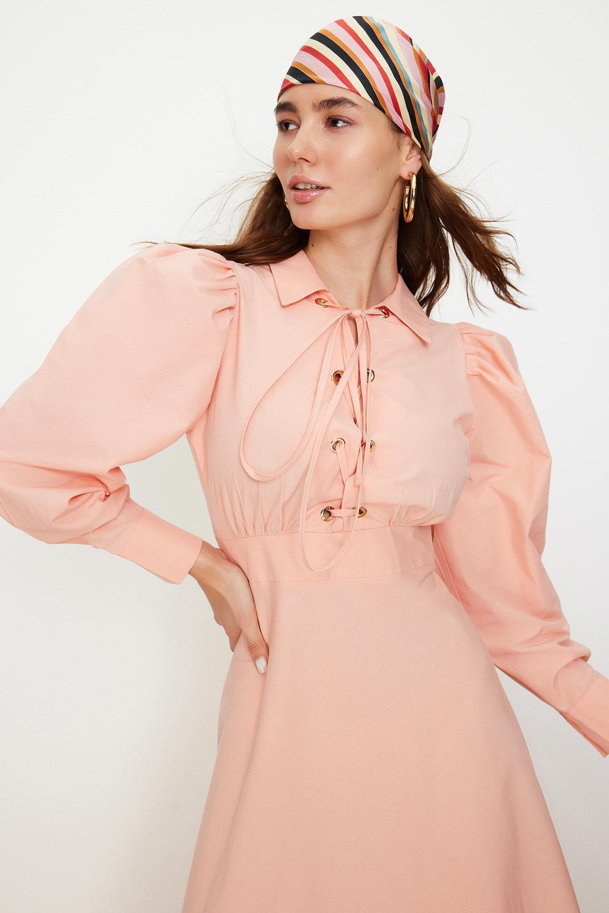 Pink Eyelet Detailed Cotton Woven Dress, , large image number 1