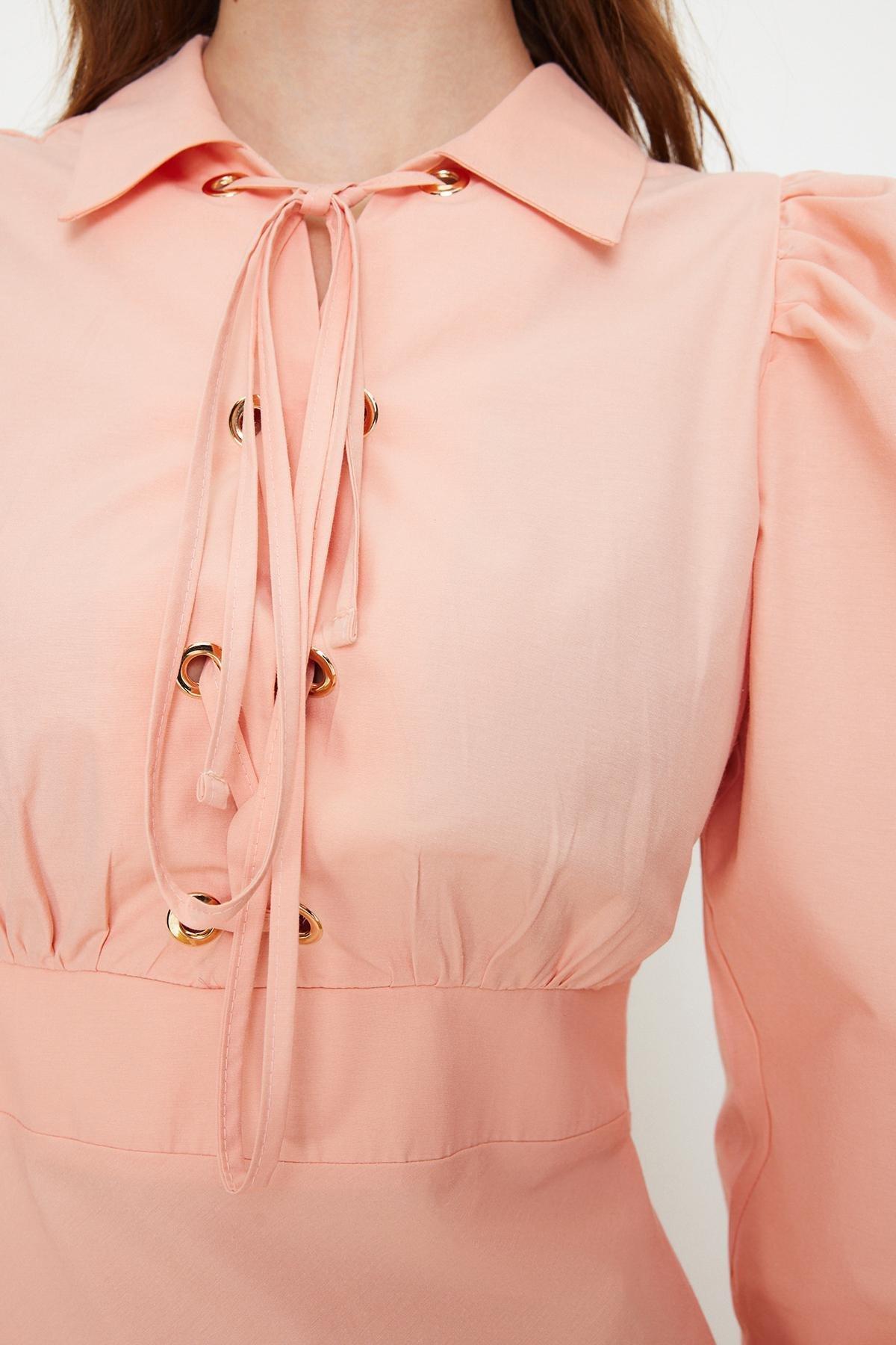 Pink Eyelet Detailed Cotton Woven Dress, , large image number 4