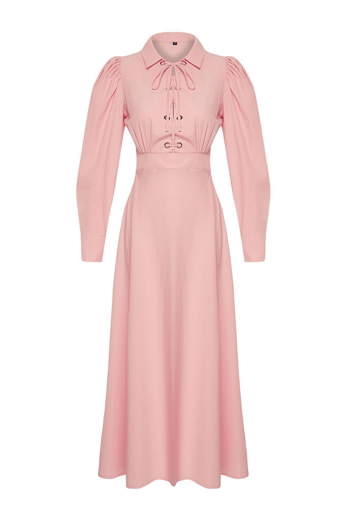 Pink Eyelet Detailed Cotton Woven Dress, , large image number 5