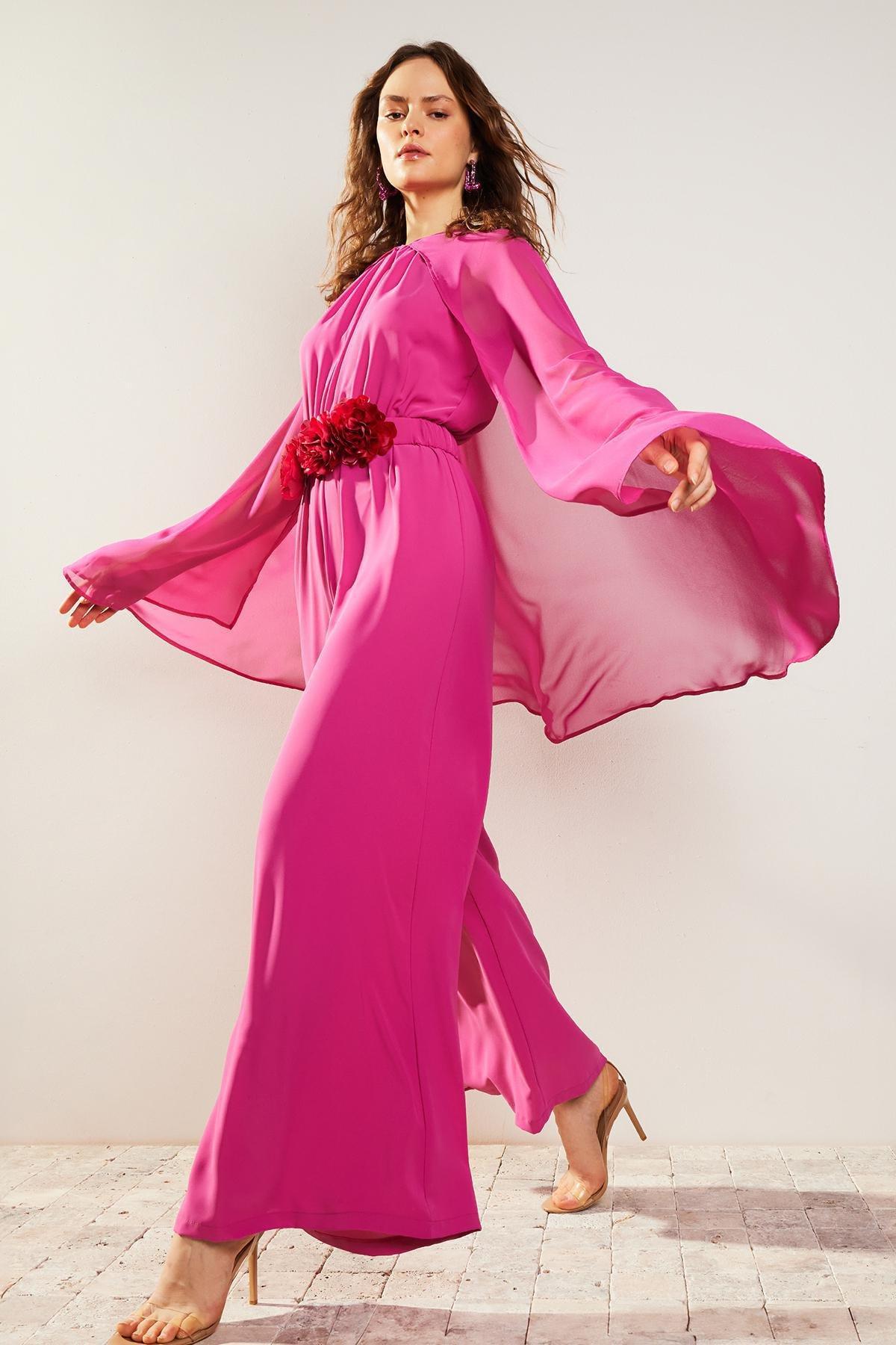 Pink Flower Belted Chiffon Cape Satin Jumpsuit, , large image number 0
