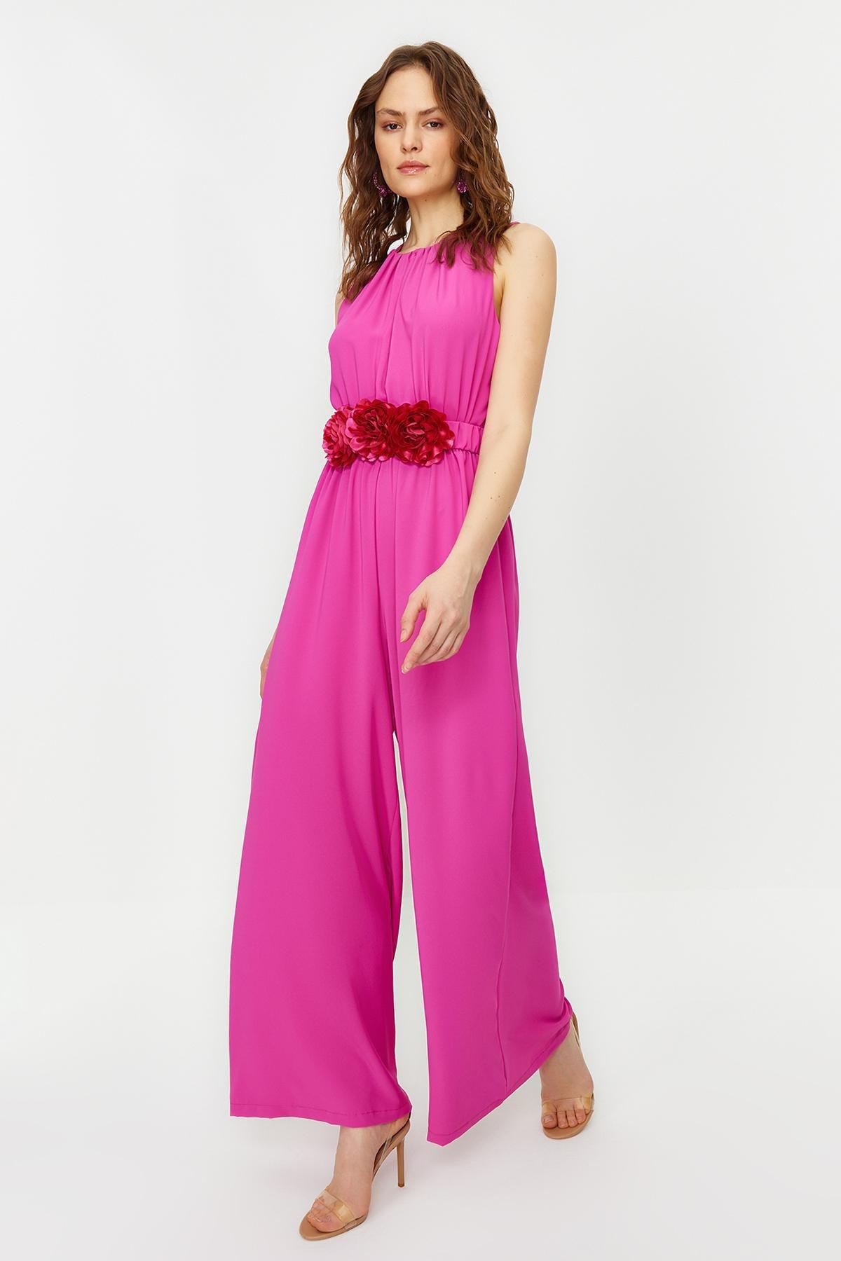 Pink Flower Belted Chiffon Cape Satin Jumpsuit, , large image number 1