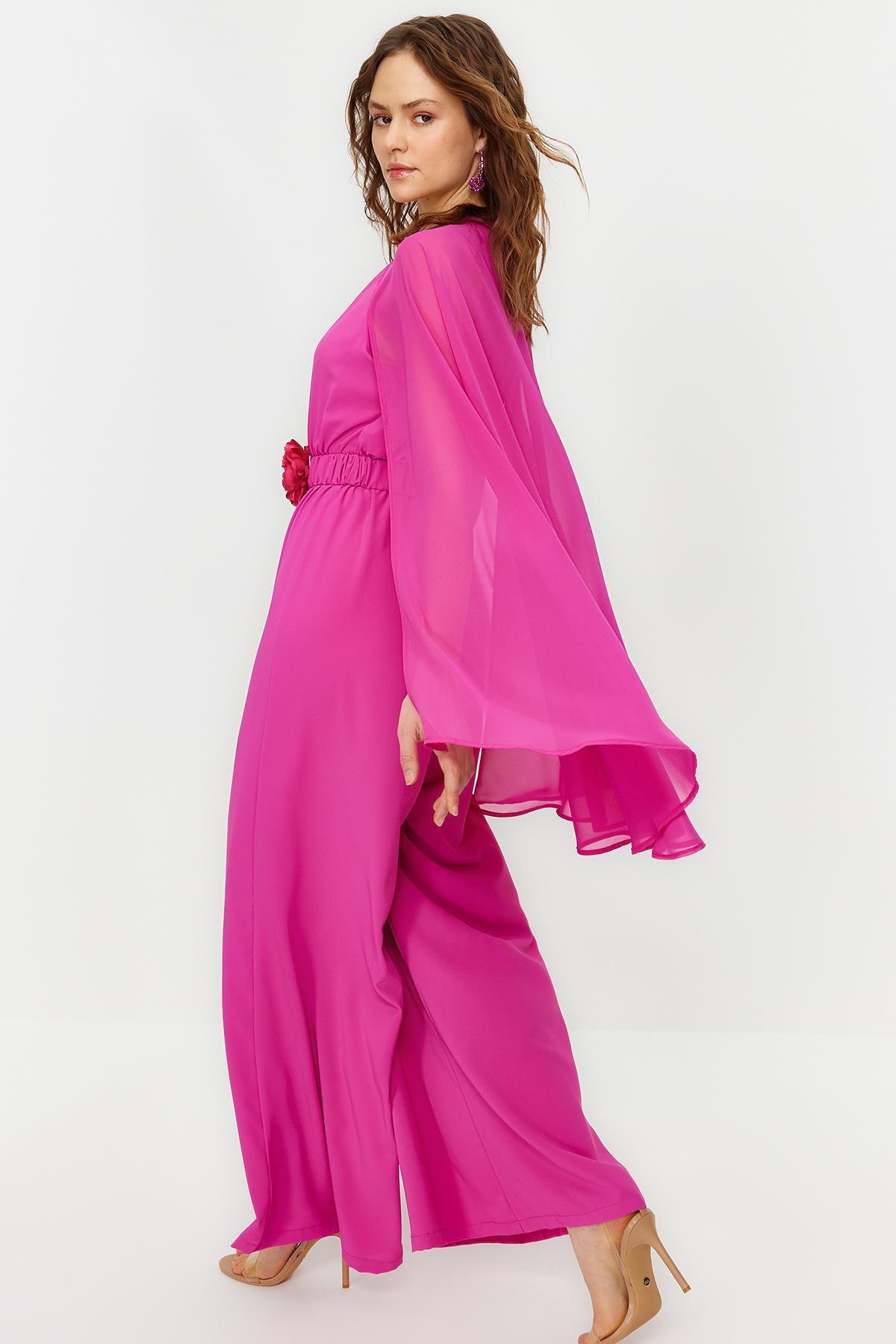 Pink Flower Belted Chiffon Cape Satin Jumpsuit, , large image number 2