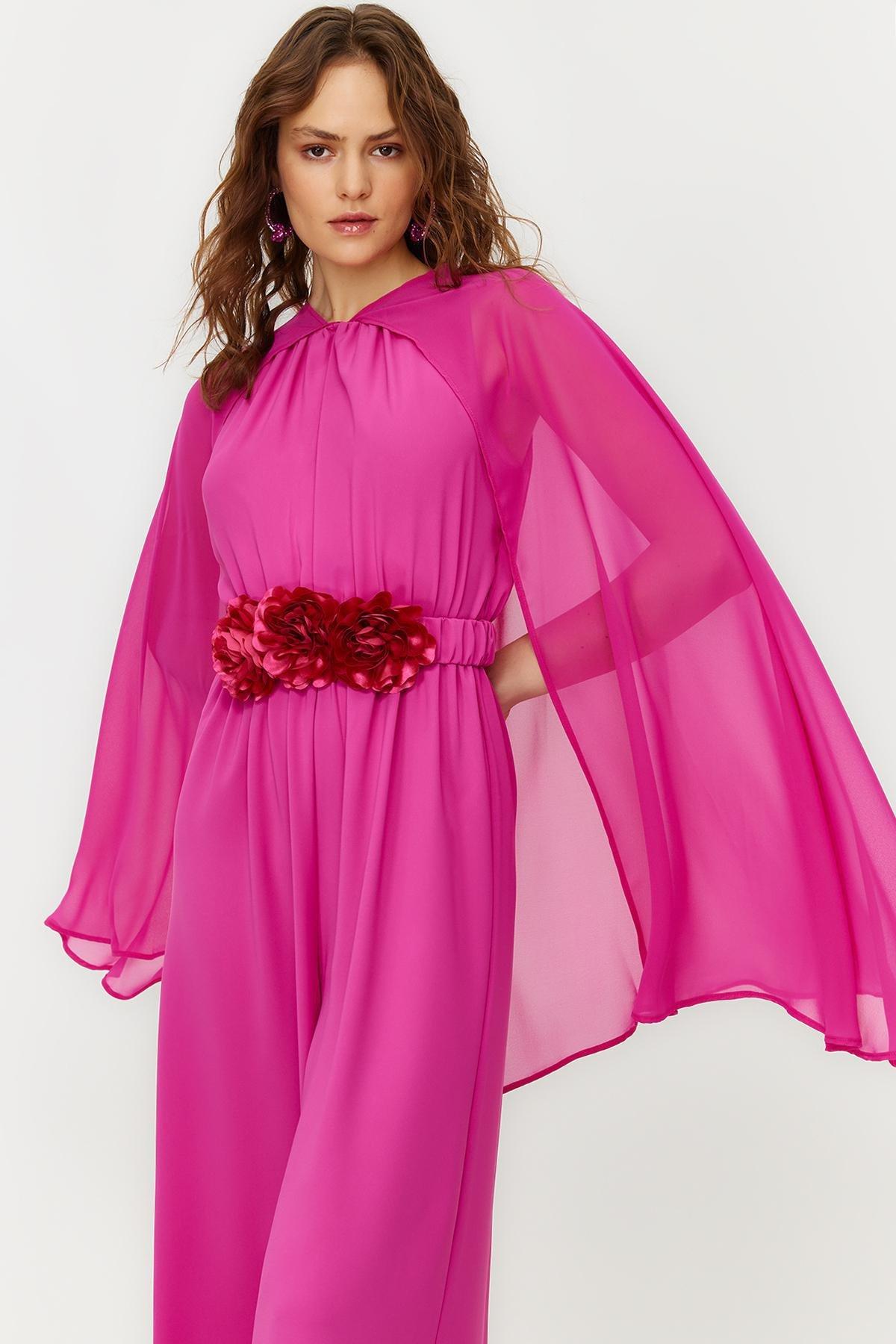 Pink Flower Belted Chiffon Cape Satin Jumpsuit, , large image number 3