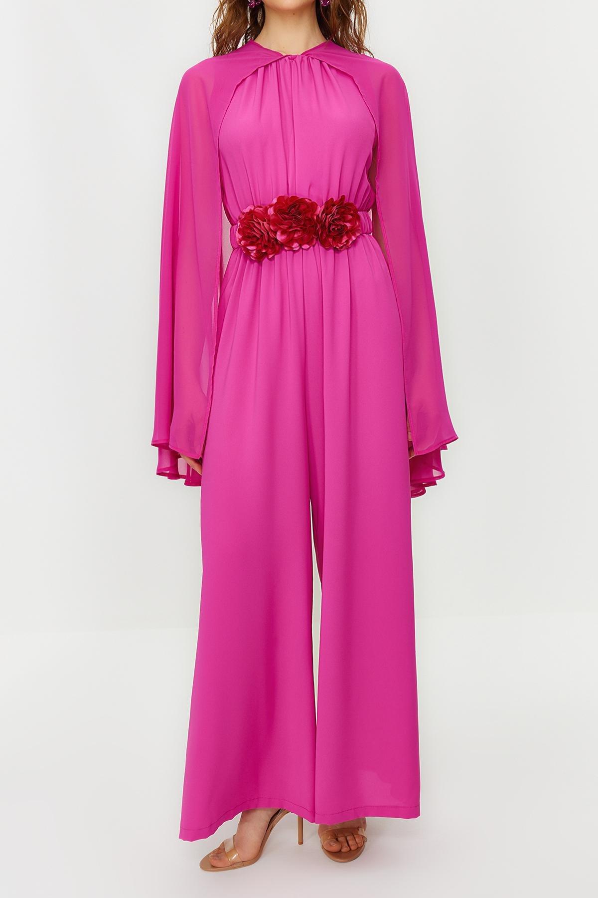 Pink Flower Belted Chiffon Cape Satin Jumpsuit, , large image number 4
