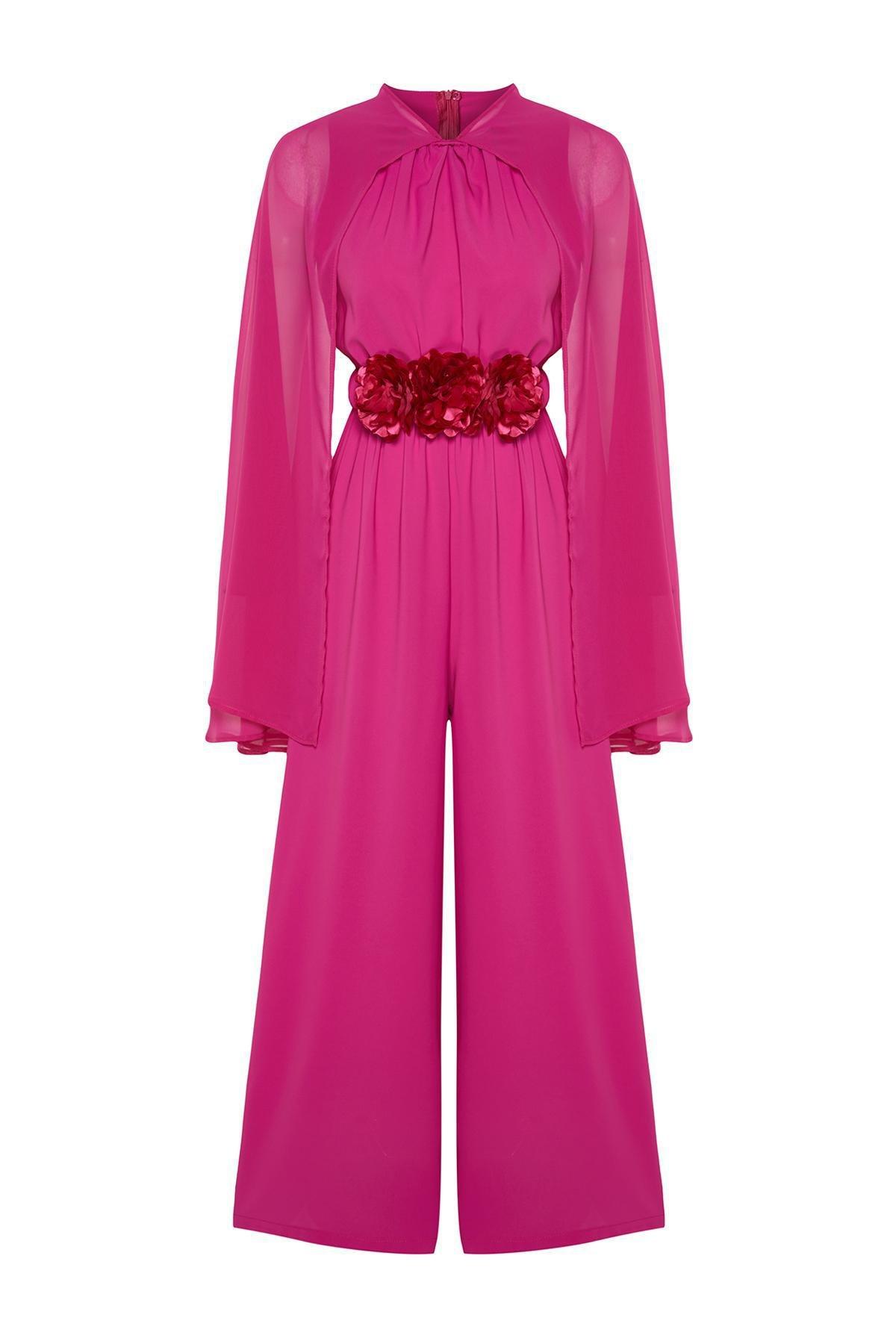 Pink Flower Belted Chiffon Cape Satin Jumpsuit, , large image number 5