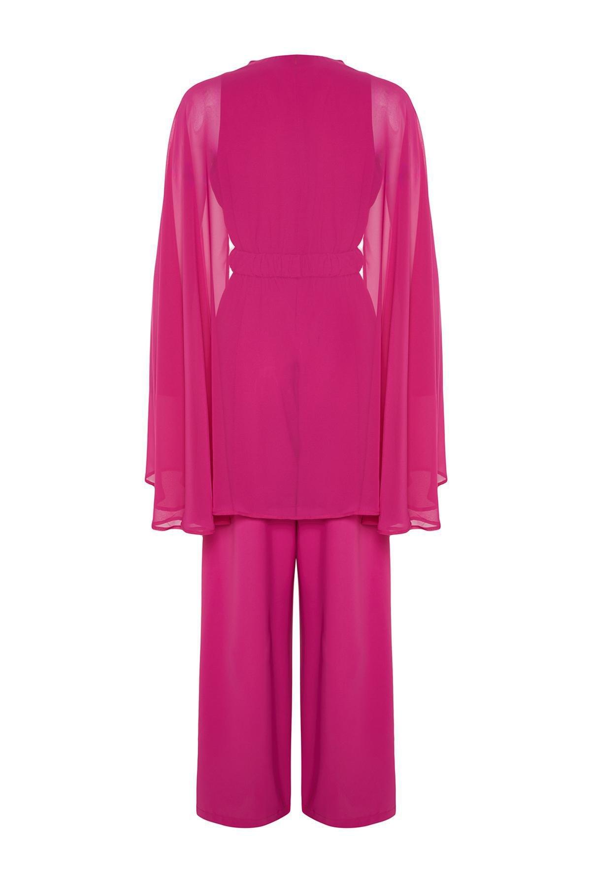 Pink Flower Belted Chiffon Cape Satin Jumpsuit, , large image number 6