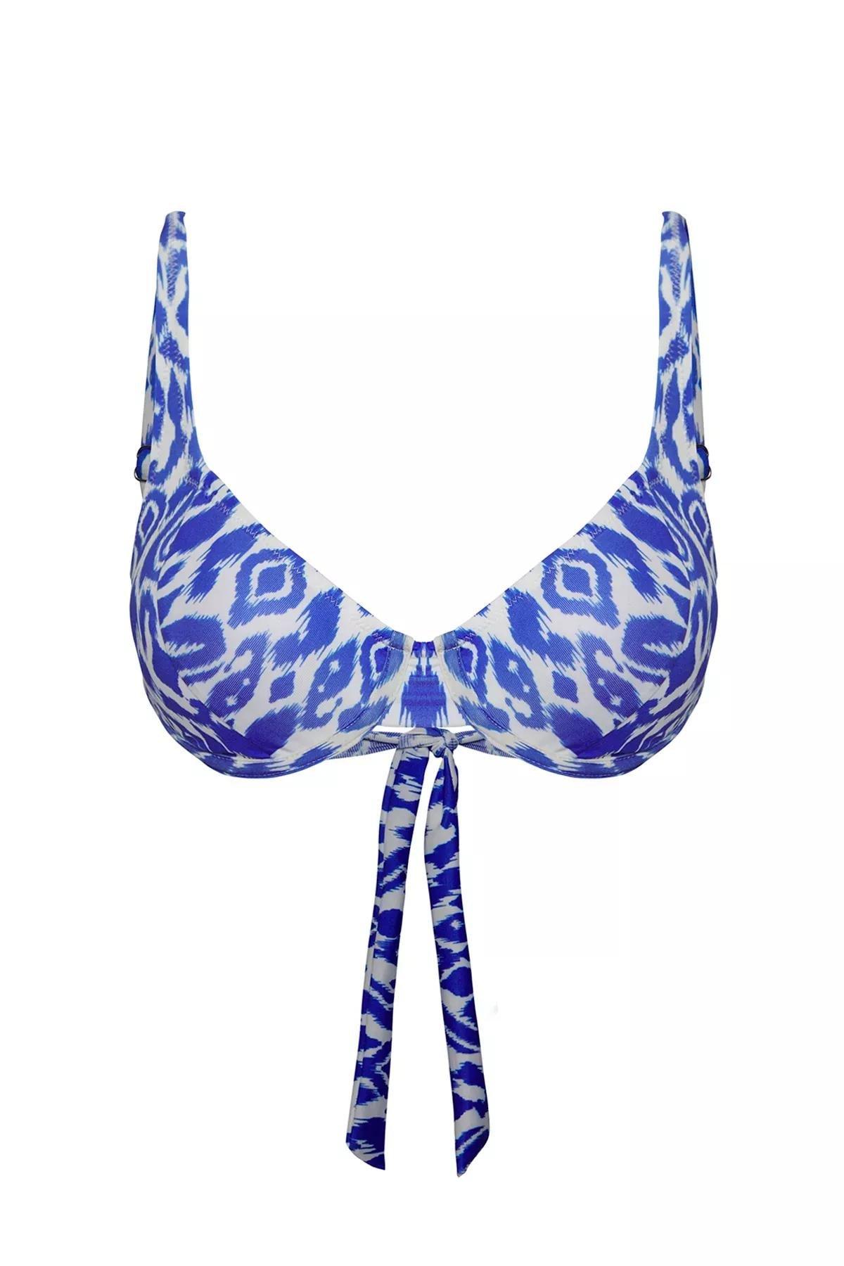 Blue Ethnic Patterned Balconette Bikini Top, Blue-Multicolor, large image number 4