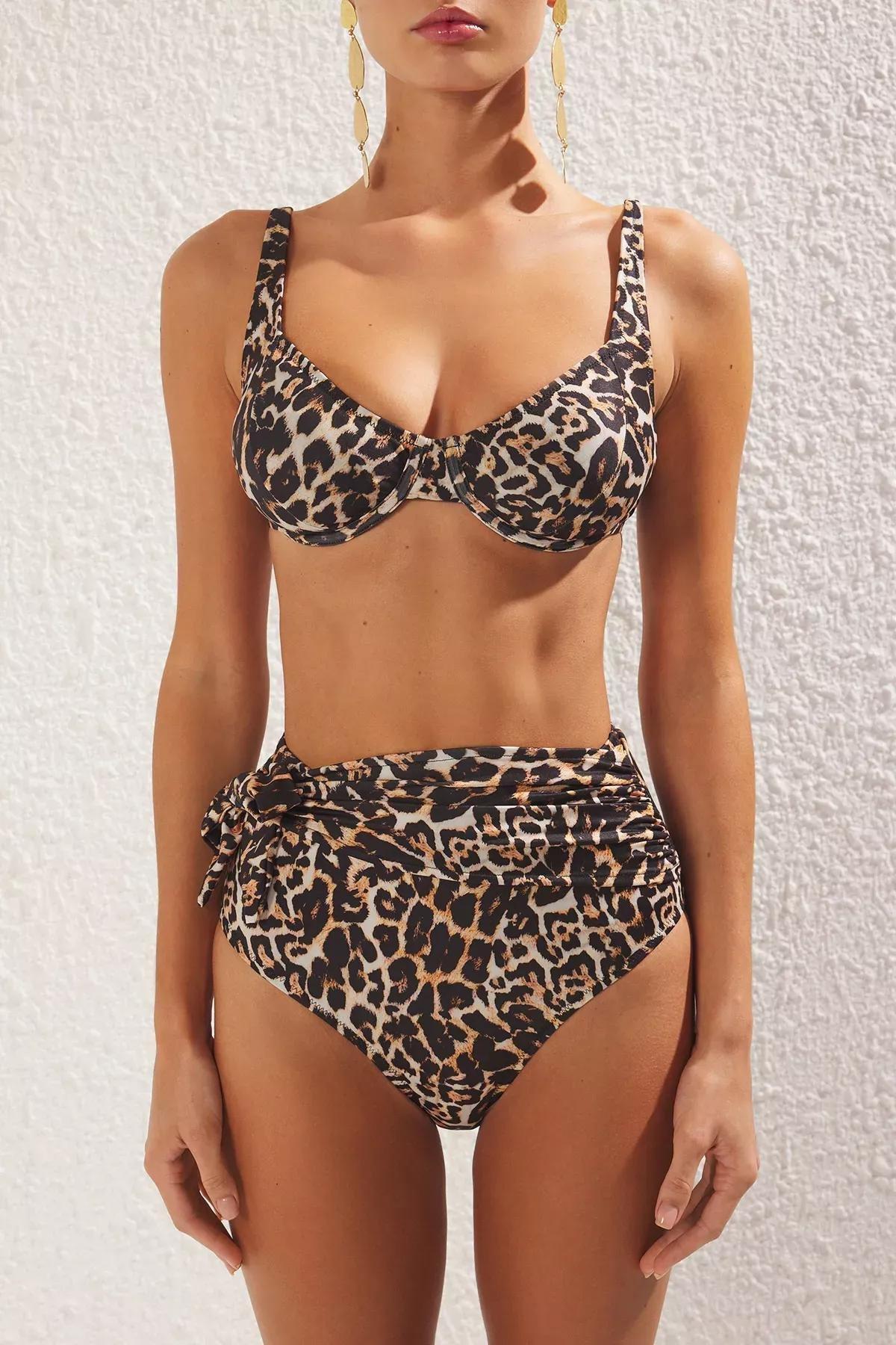 Beige Leopard Patterned Balconette Bikini Top, , large image number 2