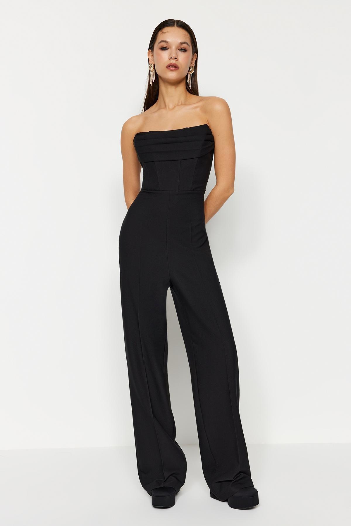 Black Woven Corset Detailed Jumpsuit, , large image number 0