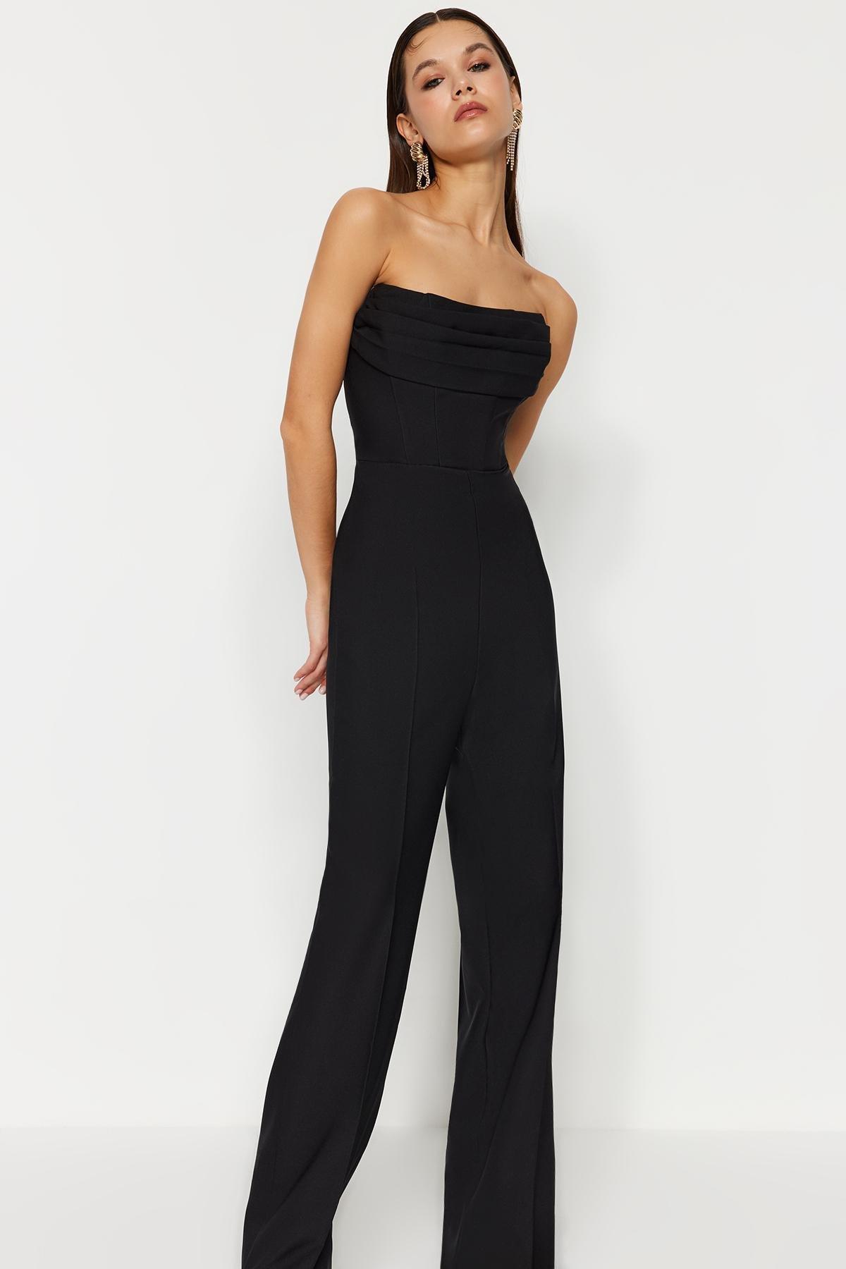 Black Woven Corset Detailed Jumpsuit, , large image number 1