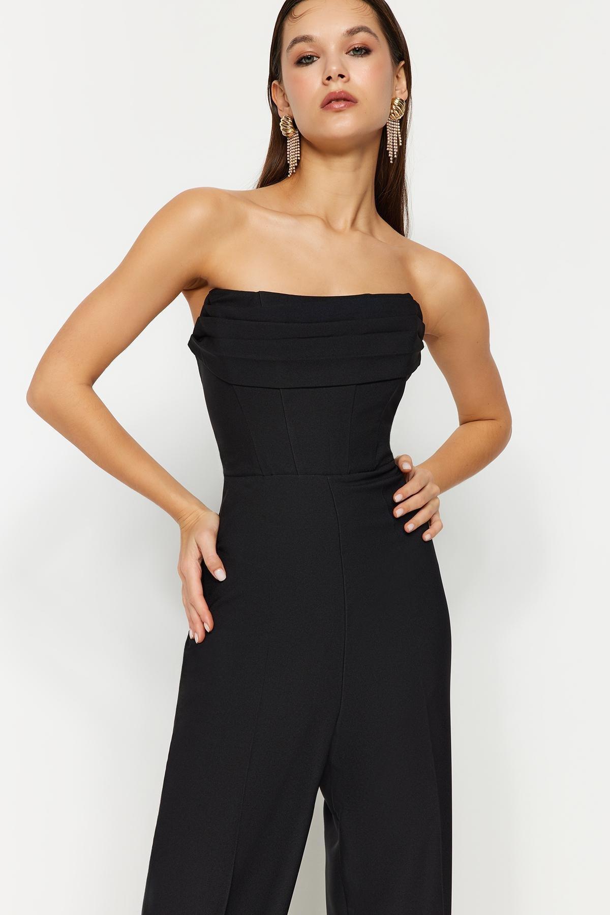 Black Woven Corset Detailed Jumpsuit, , large image number 2
