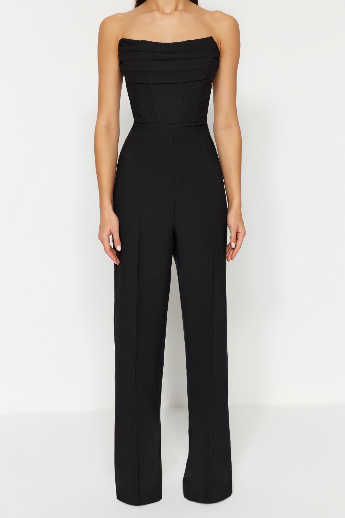 Black Woven Corset Detailed Jumpsuit, , large image number 3