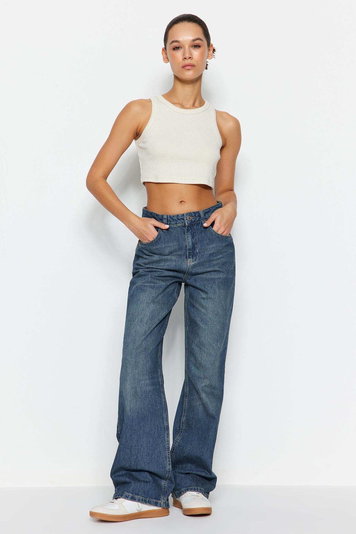Blue Faded Effect Vintage Wide Leg Jeans, , large image number 0