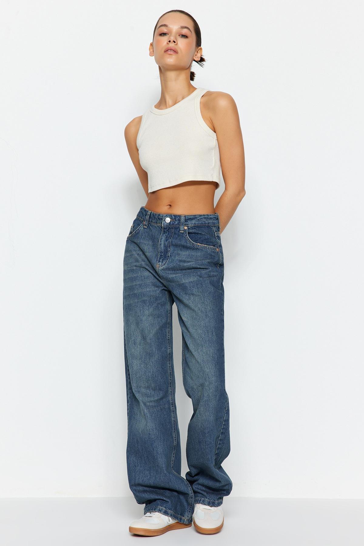 Blue Faded Effect Vintage Wide Leg Jeans, , large image number 1