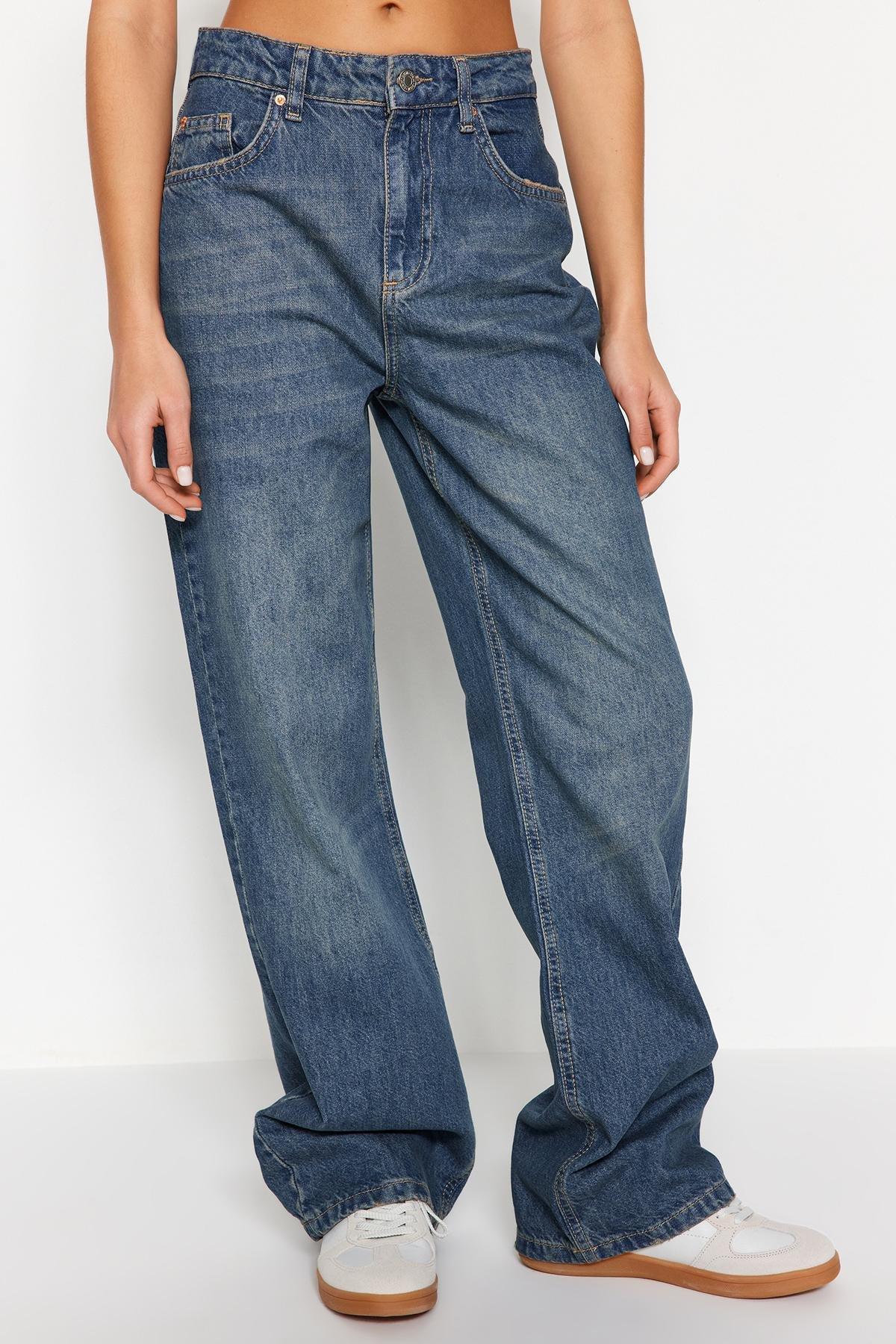 Blue Faded Effect Vintage Wide Leg Jeans, , large image number 3