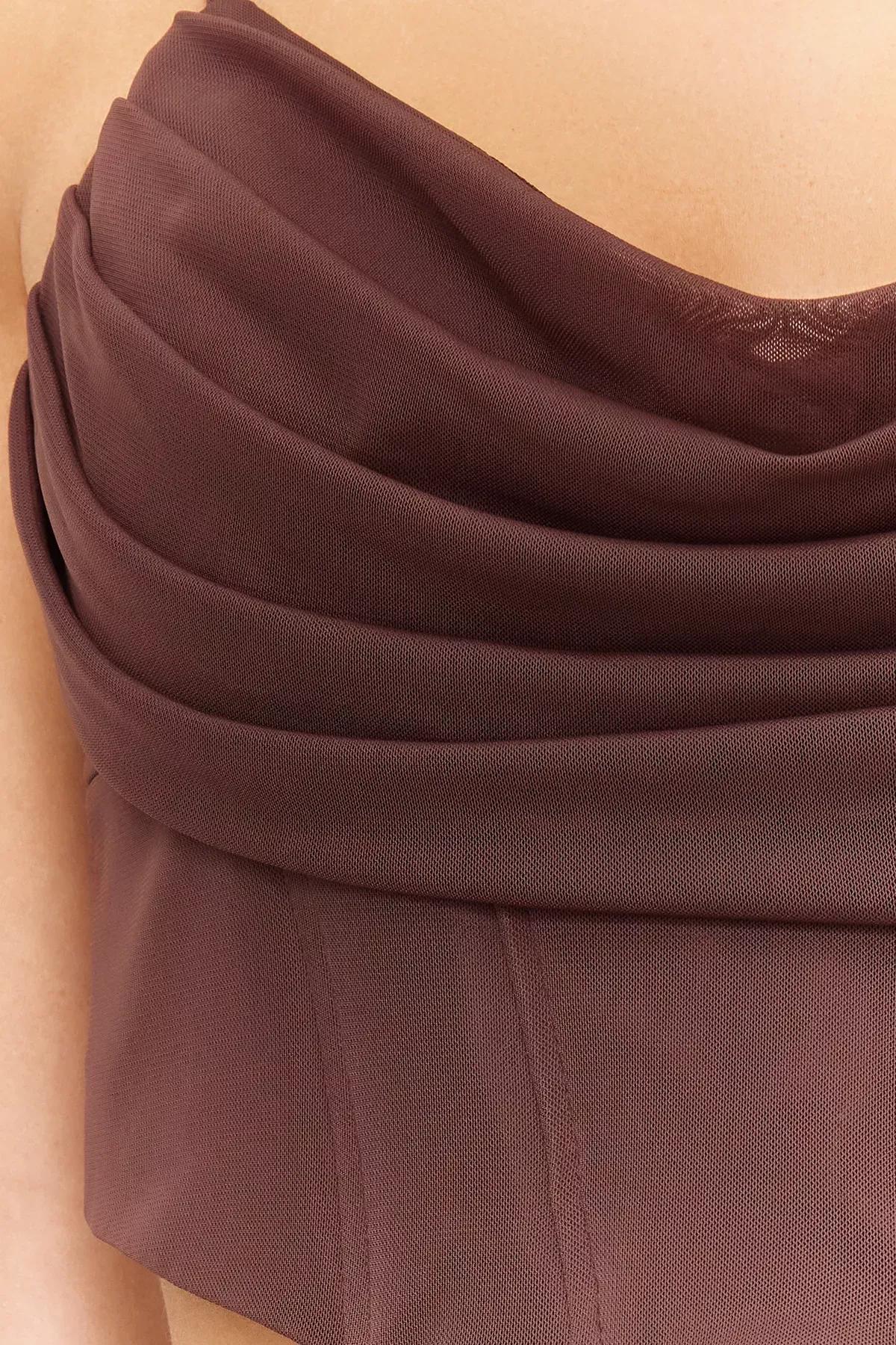 Brown Corset Detailed Tulle Blouse, Brown, large image number 4