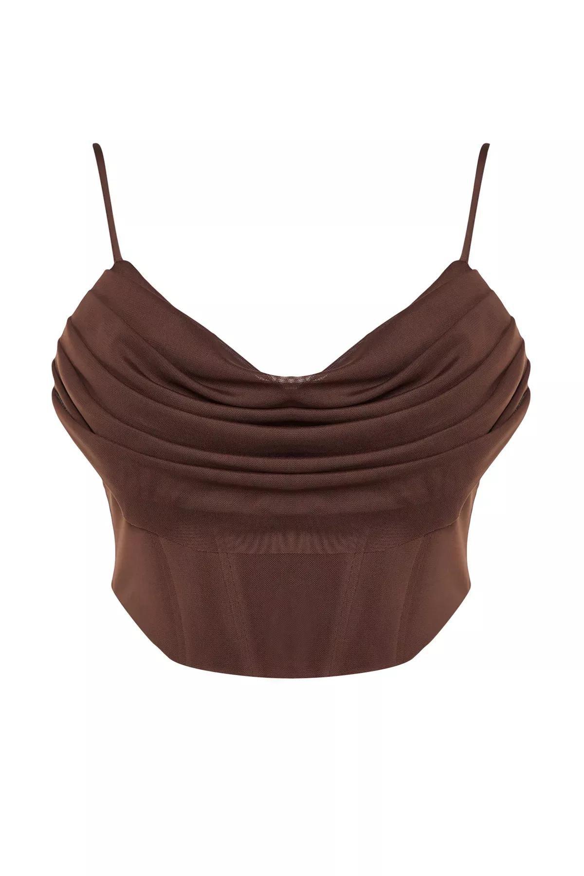 Brown Corset Detailed Tulle Blouse, Brown, large image number 5