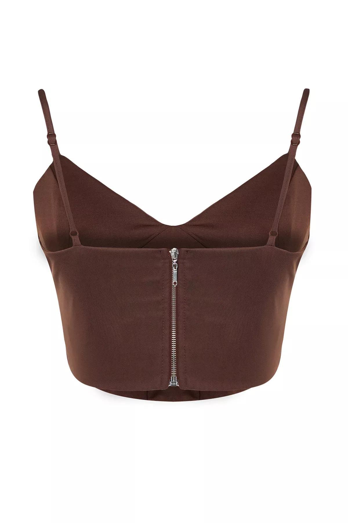 Brown Corset Detailed Tulle Blouse, Brown, large image number 6